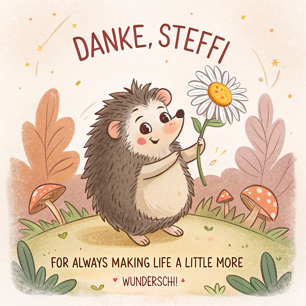At the top of the image, "Danke, Steffi":

At the bottom of the image, "For always making life a little more wunderbar!"

- In the center of the image, illustrate a hand-drawn, adorable cartoon-style scene of a small, joyful hedgehog holding a large daisy in its tiny paws. The hedgehog has a cute, wide-eyed expression, surrounded by gentle strokes of warm pastel colors that evoke a feeling of gratitude and warmth.
Generated with these themes: .
Made with ❤️ by AI.