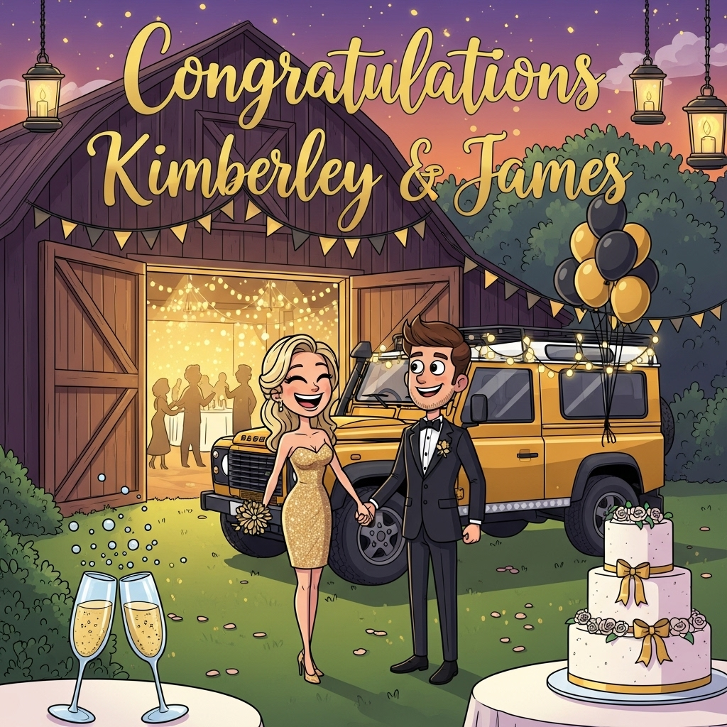 Barn glitzy garden party, Slim pretty blonde in cocktail dress in gold, Slim handsome brown haired main in tuxedo , Land Rover defender in gold with lights, Party, gold and black balloons, bunting, Wedding cake , Champagne glasses, and Wedding Card