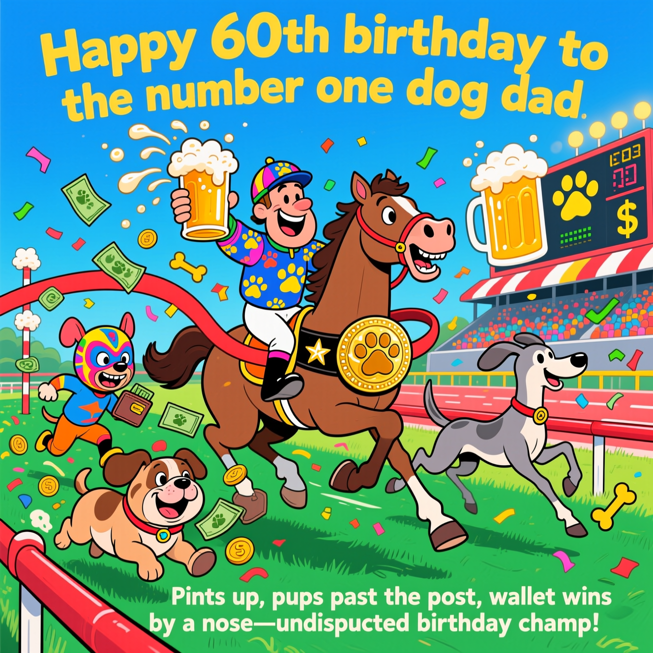 Horse racing, Beer, Dogs, Money, Wrestling, and Birthday Card