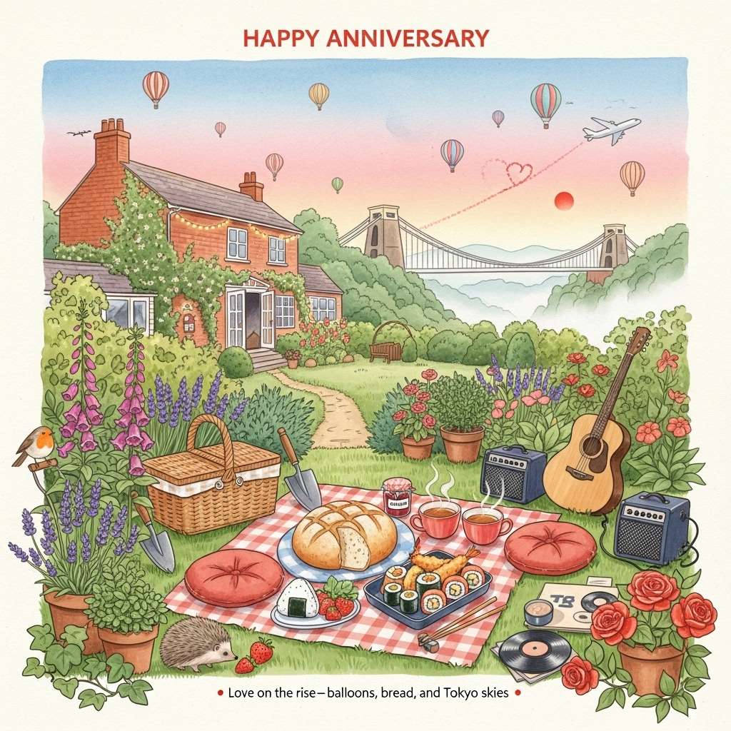 At the top of the Watercolor Style image, Happy Anniversary

A romantic, full-bleed watercolor scene with soft wet-on-wet washes, delicate gradients, subtle pigment blooms, and natural cotton paper texture. Foreground: a lush cottage garden bursting with plants—lavender, foxgloves, roses, and potted herbs—surrounding a cozy garden picnic. On a gingham blanket: a crusty, golden loaf of freshly baked bread, a small jar of jam, and a Japanese bento spread (onigiri, sushi rolls, tempura, little soy dish, chopsticks), two steaming cups of tea. An acoustic guitar leans against a wicker picnic basket; a tiny portable amp and a few vinyl records suggest trendy rock music (no logos). Two meditation cushions sit side by side with a faint incense curl. A friendly robin perches on a trowel handle, and a shy hedgehog snuffles near the strawberries.

Midground: “our” warm red-brick house with ivy and blooming window boxes, its back doors open to the garden, fairy lights softly twinkling. A winding garden path leads the eye outward.

Background: the Clifton Suspension Bridge arches gracefully over a misty gorge. Above, a dreamy sky in blush-pink to periwinkle-blue gradients is dotted with colorful hot-air balloons (Bristol balloon fiesta vibe, no text or logos). A white airplane arcs toward a small crimson sun on the horizon, its contrail sketching a soft heart shape hinting at a journey to Japan.

Lighting/Mood: golden-hour glow, airy and romantic; edges soften into the paper’s texture; colors are warm terracotta, sage, blush, sky blue, and vermilion accents.

Small, playful hand-lettered caption near the bottom: Love on the rise—balloons, bread, and Tokyo skies.
Generated with these themes: Plants, garden picnic, our red brick house, Bristol balloon fiesta, clifton suspension bridge, trendy rock music, acoustic guitar, baking bread, Japanese food, a plane going to Japan, Robin in the garden, a hedgehog in the garden, meditation, and .
Made with ❤️ by AI.
