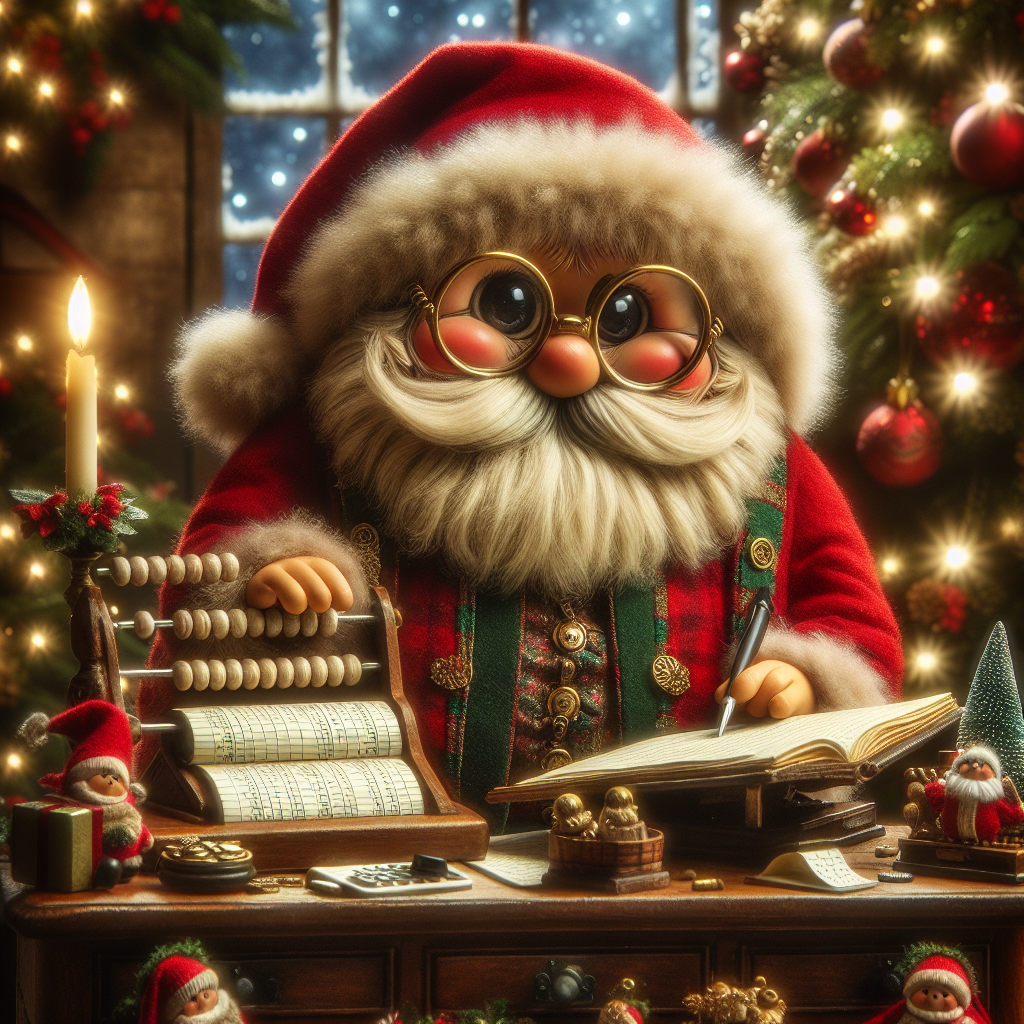 In this heartwarming Christmas scene, Santa Claus, dressed in his traditional red coat, is seated at an antique oak desk cluttered with festive ornaments. His eyes, magnified by round spectacles, focus intently on an open ledger. An abacus and calculator add a touch of whimsy to his role as the North Pole's chief accountant, balancing the books beneath the twinkling lights of a beautifully adorned Christmas tree. Elves peek over his shoulder, eagerly awaiting the final gift count.
Generated with these themes: Santa claus, and Accountant.
Made with ❤️ by AI.