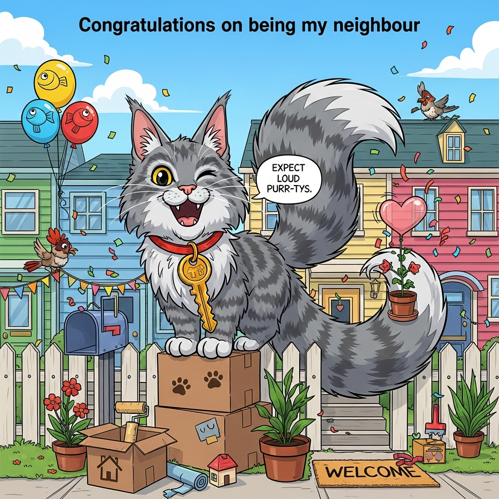 At the top of the Cartoon Style image, "Congratulations on being my neighbour"

Playful, vibrant cartoon scene in portrait orientation with thick black outlines, bold shapes, and bright saturated colors. Center stage: an oversized, fluffy grey Maine Coon cat with exaggerated features (tufted lynx ears, huge plumed tail, lion-like ruff) teetering happily atop a stack of moving boxes beside a cheerful, colorful townhouse. The cat peeks over a shared white picket fence toward the viewer with a cheeky wink and toothy grin, wearing a comically large shiny house key on a ribbon collar. Its giant tail curls into a heart around a tiny house-shaped plant pot to hint at “new home.”

Around the cat: festive housewarming vibes—bunting strung between mailbox and porch (no text), balloons shaped like fish and little houses, confetti popping, potted plants, a rolled welcome mat with a simple house icon, a paint roller and tape peeking from an open box. Cute details: paw-print stickers on boxes, a bird perched on the fence reacting to the enormous cat. Bright blue sky with fluffy clouds and lots of airy headroom above for the title.

Small, funny extra text: a speech bubble near the cat that reads, "Expect loud purr-tys"

Lighting is bright and cheerful; cel-shaded color with simple shadows; dynamic, energetic posing; clean, friendly composition with the cat large and central. No other text.
Generated with these themes: Maine coon grey cat, NEW HOME, and .
Made with ❤️ by AI.