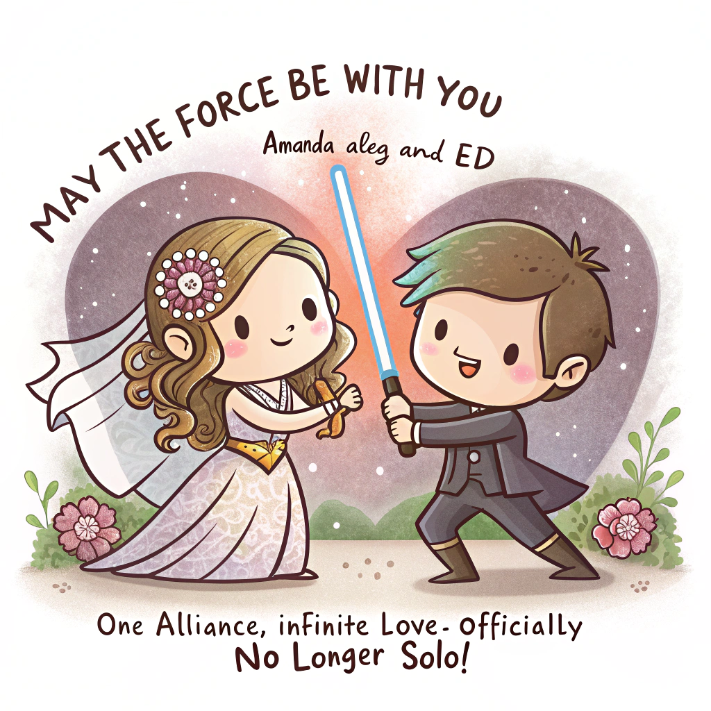 At the top of the Cartoon Style image, "May the force be with you Amanda and Ed"

At the bottom of the Cartoon Style image, "One alliance, infinite love—officially no longer Solo!"

- Scene: A cute, playful galactic wedding. Center stage, two chibi-style newlyweds as joyful Jedi: Amanda in a flowing stardust veil and star-sparkled bouquet, Ed in a tux layered with a short Jedi robe. They hold pastel-blue and pastel-pink lightsabers that cross above them to form a glowing heart.
- Characters: Exaggerated proportions, big sparkling eyes, tiny feet, thick black outlines, energetic poses. A round blue-and-white droid rolls in with the rings on a cushion; a tall gold protocol droid fusses proudly. Tiny teddy-bear forest critters (Ewok-like) toss star-shaped petals; a couple of stormtrooper-like guests cheer and fling confetti.
- Setting: Deep indigo space with twinkling stars and soft nebula pastels. A distant moon with a cheeky heart-shaped crater. A whimsical starship-shaped wedding cake hovers nearby with glittering icing.
- Extra details: Confetti shaped like stars and mini sabers; subtle motion lines and sparkles around the glowing heart. Optional “A ♥ E” monogram etched on the saber hilts.
- Text styling: 
  - Top headline in big, bubbly retro-sci‑fi letters, bright white with a soft neon-cyan glow, gently arched over the couple.
  - Bottom punchline in a playful comic font on a slim golden ribbon banner, bold and easy to read.
- Color palette: Bright saturated tones—candy pinks, neon cyans, sunshine yellows, cosmic purples—keeping everything cute, vibrant, and celebratory.
Generated with these themes: Star wars, and .
Made with ❤️ by AI.