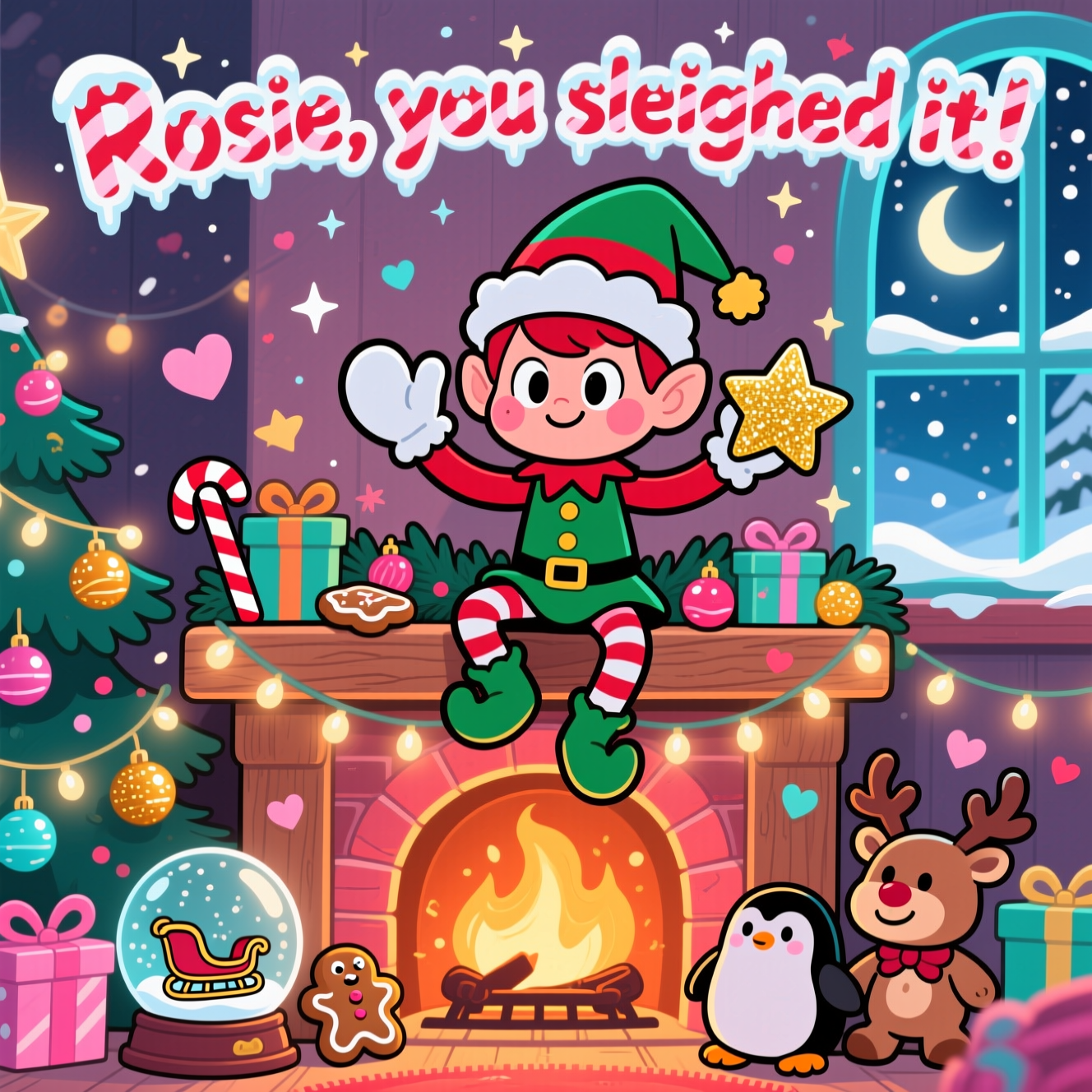 At the top of the Cartoon Style image, "Rosie, you sleighed it!" in candy-cane striped bubble letters with a frosty white outline and tiny sparkling stars

A cute, playful cartoon scene in vertical portrait orientation: A big-eyed Elf on the Shelf with an oversized hat and rosy cheeks perches proudly on a wooden mantle shelf above a cozy glowing fireplace. The elf strikes an energetic, whimsical pose—one mittened hand waving, little legs kicked up, a glittery gold star clasped in the other hand. Thick inky outlines, bold bouncy shapes, and bright saturated colors (cherry reds, holly greens, peppermint pinks, golden glow, icy teal).

Around the shelf, heap on festive details: twinkling fairy lights, pine garland with shiny baubles, candy canes, tiny wrapped gifts, gingerbread cookies, and a snow globe with a miniature sleigh inside. A cute reindeer plush and a chubby penguin peek up from the hearth, eyes sparkling. In the background, a window reveals softly falling snow and a crescent moon, adding cool blue rim-light to balance the warm fireplace glow. Sprinkle heart and star sparkles drifting through the scene for extra cuteness.

Style notes: playful cartoon characters with exaggerated proportions, thick outlines, clean cel shading, glossy highlights, and a whimsical, energetic vibe. Keep the composition image-first with the elf filling most of the frame and the text only at the top. No additional text in the scene.
Generated with these themes: Elf on the shelf and other Xmas images , and .
Made with ❤️ by AI.