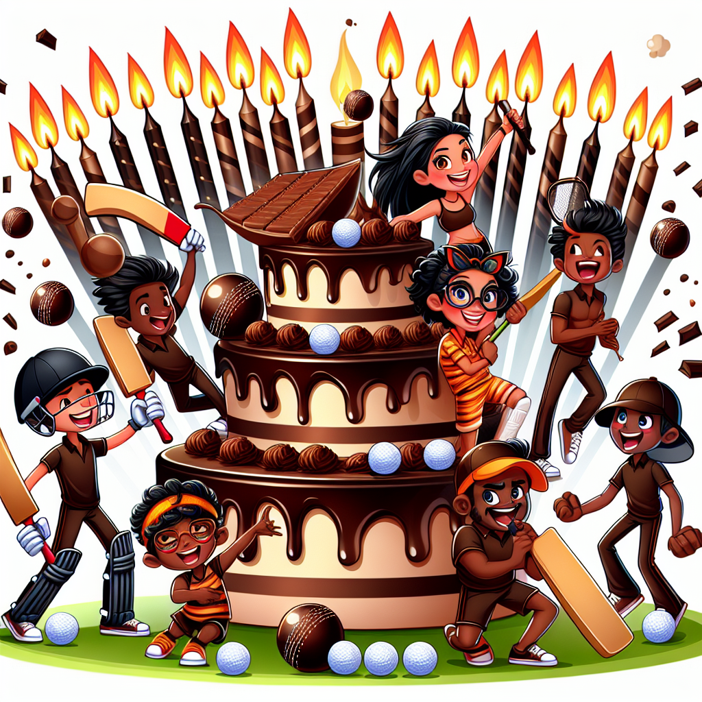 Create a vivacious image representing a birthday celebration full of zest and joy. The core of the concept is a playful blend of cricket and golf themes depicted in a whimsical cartoon style. Illustrate adorable characters of various descents and genders, decked out in punk rock costumes, engaging in lighthearted antics with cricket bats and golf clubs. Elements of chocolate brown should elegantly permeate the scene, from chocolate inspired decor to a giant, scrumptious chocolate birthday cake embellished with luminous, flaming candles.
Generated with these themes: Cricket, Golf, Chocolate, and Punk rock.
Made with ❤️ by AI.