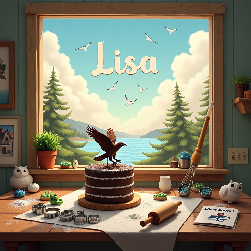In this enchanting thank-you card scene, set against the gentle hues of dawn breaking over a quaint coastal town, we find ourselves inside a cozy, rustic kitchen. The heart of this space is a large, well-worn wooden table that bears the delightful remnants of a joyful baking session. Scattered across its surface are flour-dusted rolling pins and a variety of metal cookie cutters shaped like footballs and feathers, nodding to the Seattle Seahawks. In the foreground, a towering, decadent chocolate cake, intricately detailed with edible green and blue decorations mimicking the team's colors, proudly stands. The pièce de résistance, however, is the cake's topper – a chocolate figurine of a soaring seahawk. 

A charming window frames the scene, with its sill adorned by a small potted plant and a whimsical ceramic owl. Through the window, the peaceful silhouette of distant seagulls can be seen playing above the waves. The most striking detail, though, lies in the sky outside: fluffy clouds have magically formed the name "Lisa" in soft, curling letters, as if the heavens themselves are expressing gratitude. On the edge of the table, a small card rests with a hand-painted illustration of a seahawk holding a baker’s whisk in its talons, further weaving together the themes of baking and Seahawks. Each element is meticulously crafted to tell a tale of appreciation, making it a truly personalized gesture of thanks to "Lisa."
Generated with these themes: Baking, Chocolate, and Seahawks.
Made with ❤️ by AI.