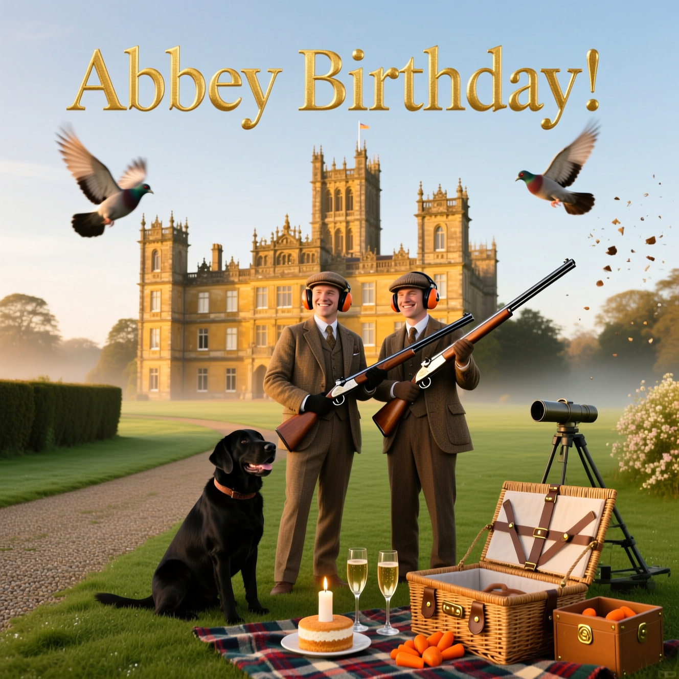 At the top of the Photorealistic picture taken from a camera image, place the text “Abbey Birthday!” in elegant gold serif lettering, softly embossed, centered against the open sky.

Ultra–high-definition 4K UHD, true-to-life photograph in portrait orientation. Golden-hour light over the Downton Abbey house and grounds: a stately English country manor reminiscent of Highclere Castle rises in the background, honey-colored stone, ornate crenellations and tall arched windows catching warm sunlight. Dewy emerald lawns sweep toward the camera; a gravel path leads the eye to the house. In the mid-ground, a refined clay pigeon shooting moment: two figures in classic tweed (flat caps, waxed jackets, ear defenders) stand side-by-side with over–under shotguns safely broken open, relaxed and smiling softly, sincere and celebratory. A loyal black Labrador sits at heel. Nearby, a spring clay thrower and an open crate of bright orange clays; in the sky, two vivid clay pigeons arc gracefully with a hint of motion blur, no impact, no debris. In the foreground, a wicker picnic hamper on a tartan blanket holds a simple Victoria sponge with a single lit candle and two champagne flutes glinting in the sun—subtle birthday touch, tasteful and understated. Gentle morning mist hugs the hedgerows; soft lens flare kisses the frame edge. Lifelike textures: weathered stone, crisp grass blades, tweed weave, oiled walnut gun stocks, leather cartridge bag with brass snaps. Accurate lighting, natural color grading, rich depth of field so subjects and manor are clearly resolved, soft bokeh in distant trees.

Camera details: full-frame DSLR, 35mm lens, f/8, ISO 100, 1/500s, polarizing filter; eye-level perspective with clean negative space in the sky for the headline. No additional text or logos, no modern signage, elegant, sincere, and warmly celebratory.
Generated with these themes: Downton Abbey House and Grounds and Pigeon Shooting, and .
Made with ❤️ by AI.