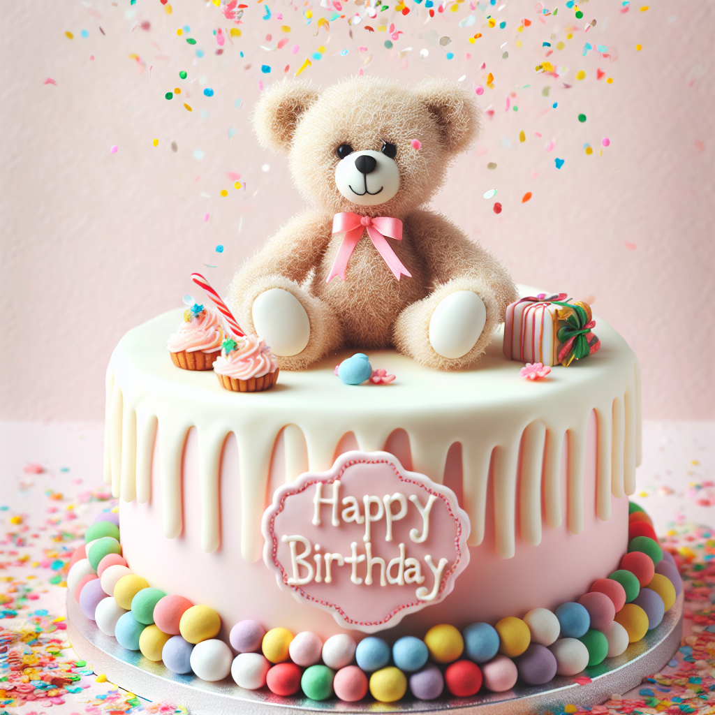 Cake, Teddy bears, and Confetti Birthday Card
