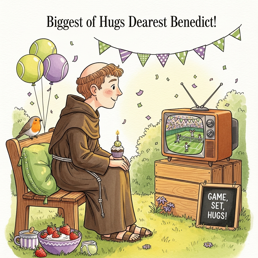 Franciscan friar with full head of hair whatches wimbledon , and Birthday Card