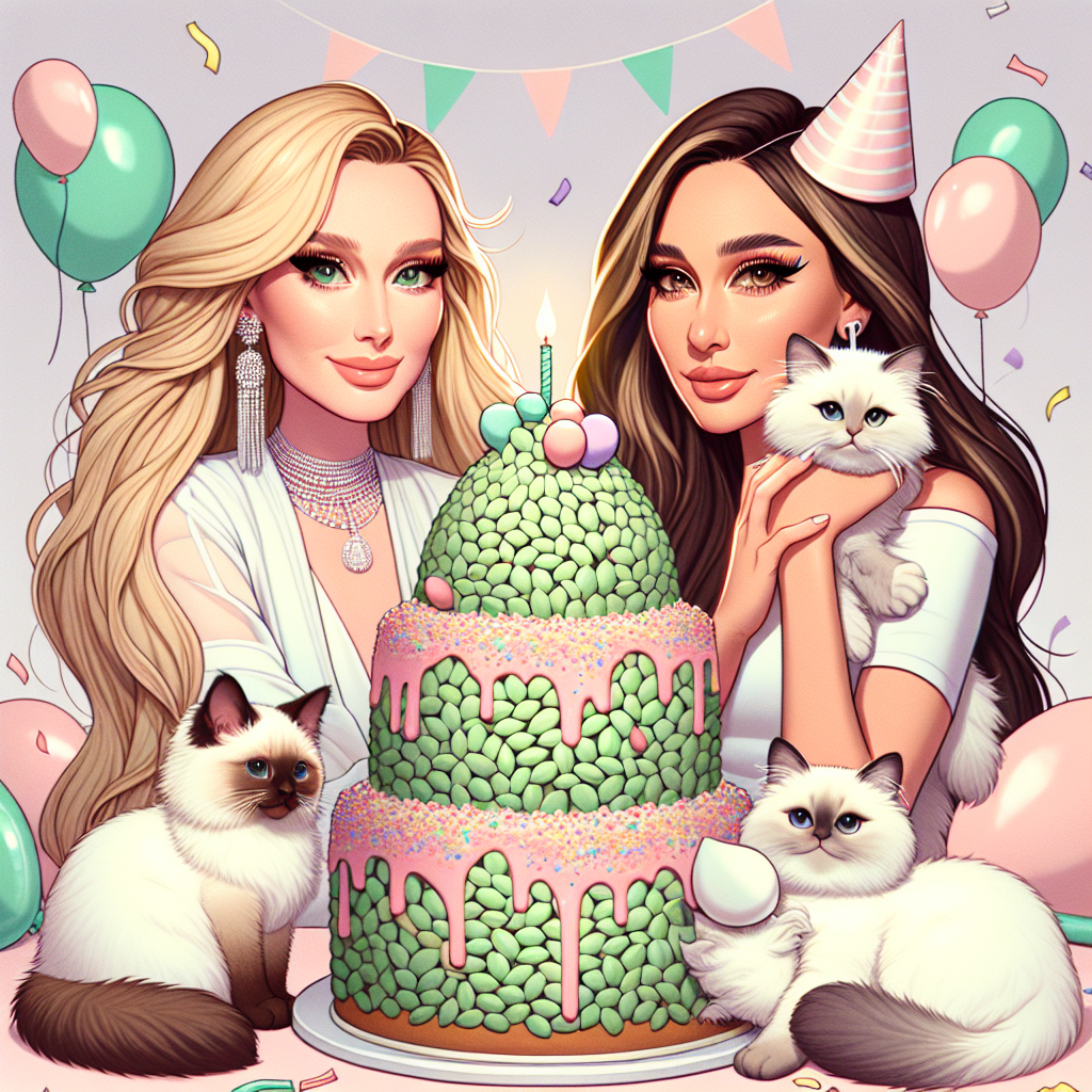 A captivating birthday-themed illustration that portrays animated representations of two highly popular female pop singers, one with a golden complexion and the other being fair-skinned, surrounding a large, whimsical pistachio dessert centerpiece. The women are styled in festive attire, with the fair-skinned singer cradling a ragdoll cat and the other artist gently placing a party hat on another feline. The background is adorned with balloons and confetti, all in pastel hues to complement the white, fluffy cats lounging around contentedly.
Generated with these themes: Beyonce, taylor swift, white ragdoll cats, pistachio dessets, Taylor swift,  white ragdoll cats, and Pistachio dessets.
Made with ❤️ by AI.