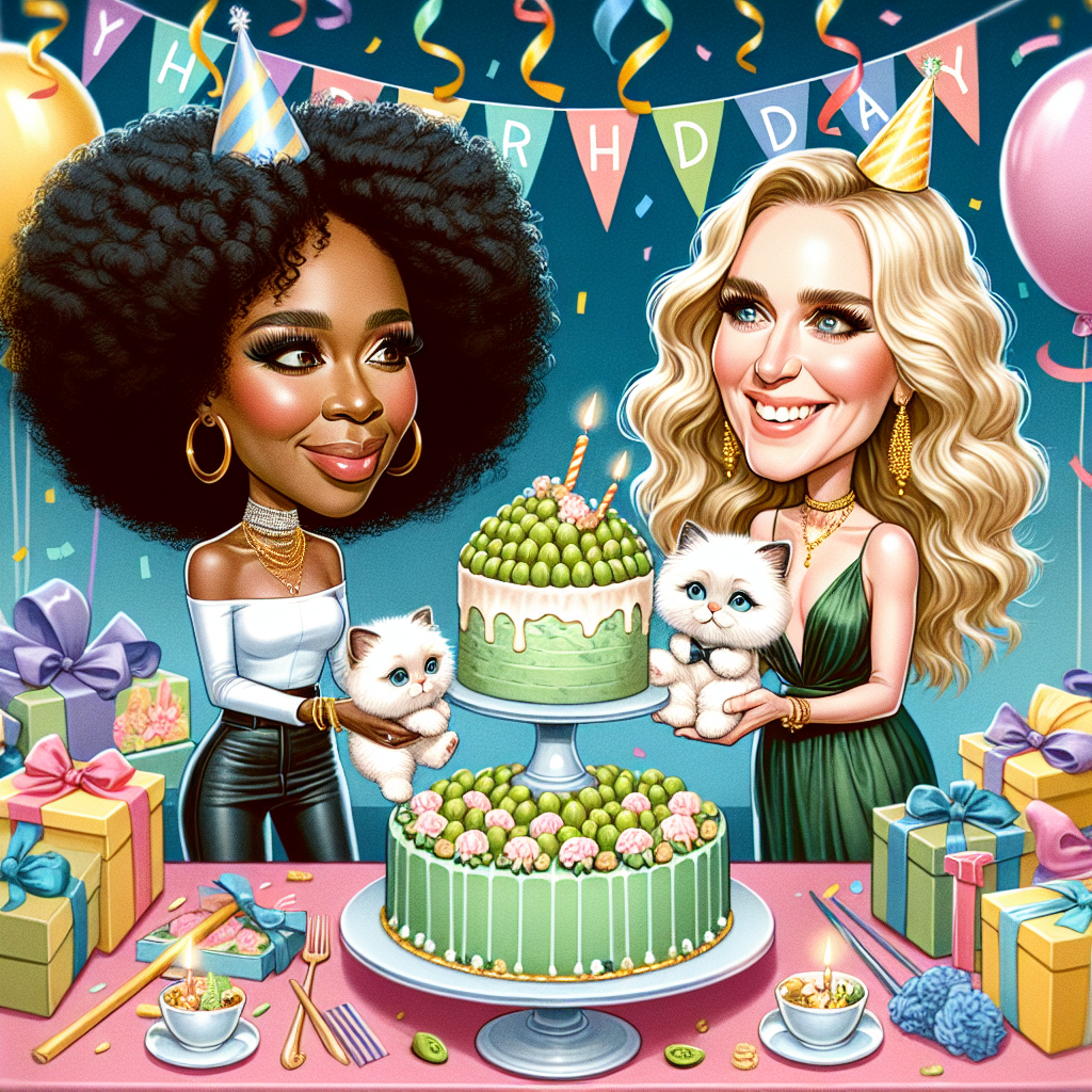 This delightful birthday illustration captures a whimsical scene with caricatures of two successful female musicians in the midst of a celebration. One artist is an African American with curly hair and the other is a Caucasian with blonde hair. They are seen exchanging gifts near a table lavishly spread with pistachio desserts. Each holds a white ragdoll cat wearing a tiny birthday hat. The background pops with color from balloons, streamers, and a banner that reads 'Happy Birthday,' creating a joyful and festive atmosphere.
Generated with these themes: Beyonce, taylor swift, white ragdoll cats, pistachio dessets, Taylor swift,  white ragdoll cats, and Pistachio dessets.
Made with ❤️ by AI.