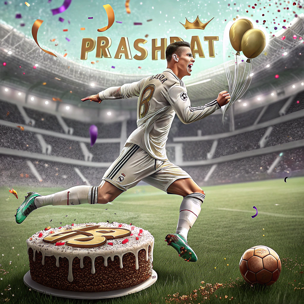 At the top of the image, "Prashant, Ronaldo paused mid-goal to wish YOU a Happy Birthday — now that’s a true GOAT move!"

- Depict a hyper-realistic photograph of Cristiano Ronaldo in full game mode on a football pitch, frozen mid-air in an epic celebratory pose after scoring a goal.
- Instead of the usual crowd behind him, show giant birthday balloons spelling “PRASHANT”, with party confetti raining down on the pitch.
- In Ronaldo’s hands is not a football—but a perfectly frosted birthday cake shaped like a golden boot, with sparklers lit and glitter flying.
- One of Ronaldo’s teammates in the background is blowing a party horn while wearing a pointy birthday hat, totally off-brand but hilarious.
Generated with these themes: ronaldo wishing prashant a happy birthday.
Made with ❤️ by AI.