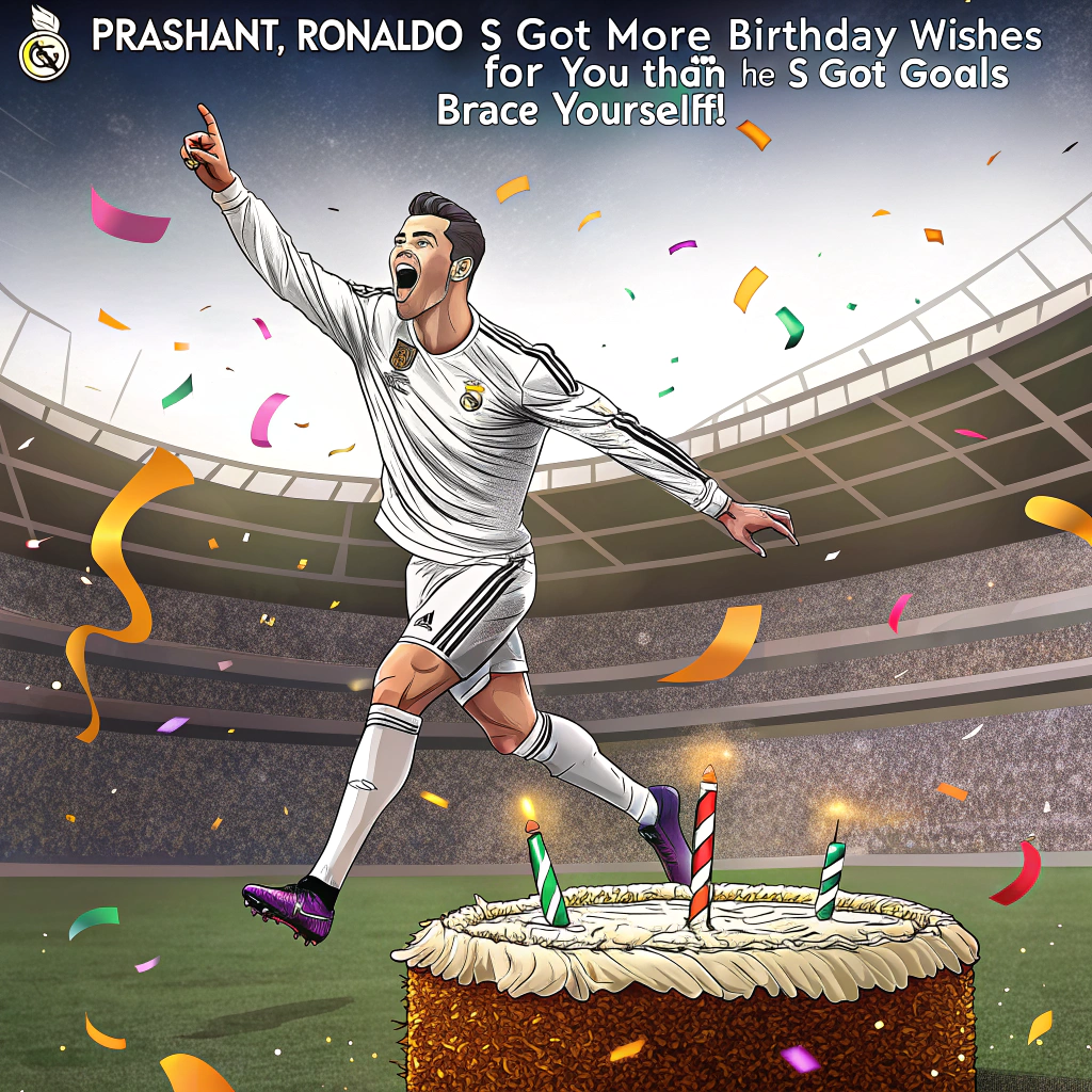 At the top of the image, "Prashant, Ronaldo's got more birthday wishes for you than he’s got goals—brace yourself!"

- Depict a highly realistic photo-style scene with Cristiano Ronaldo in a stadium, mid-goal celebration pose—arms wide, screaming "SIIIUUU"—but instead of a football, he’s kicking a giant, glittery birthday cake straight toward the camera.
- Prashant’s name is written in icing on the cake, which is mid-air and about to land face-first.
- Confetti and streamers fly everywhere, with a small crowd of overly enthusiastic fans in party hats going wild in the background.
- Optional visual detail: Ronaldo is wearing a party hat and a “Team Prashant” sash over his kit, grinning ear to ear.
Generated with these themes: ronaldo wishing prashant a happy birthday.
Made with ❤️ by AI.
