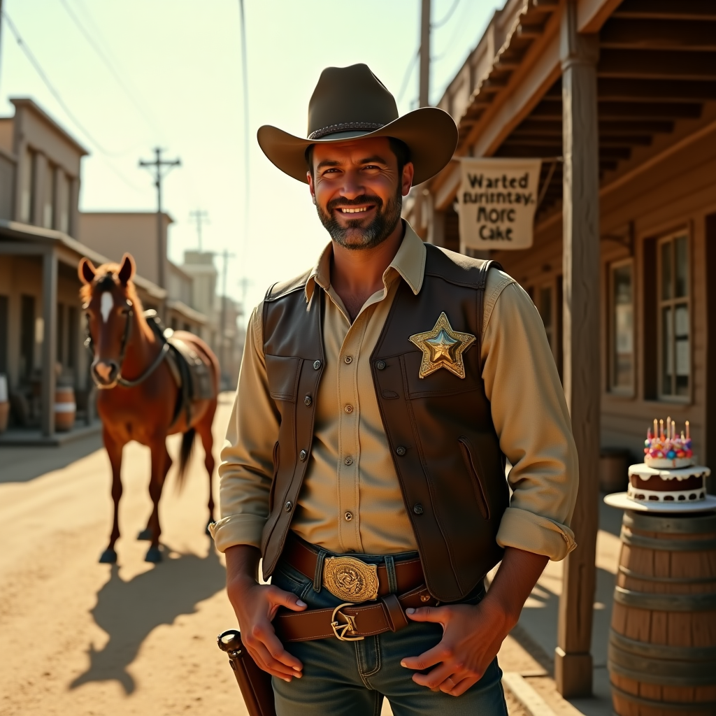 At the top of the Photorealistic picture taken from a camera image, Happy Birthday to the one and only sheriff in town

Ultra-high-definition 4K UHD real-camera photograph, lifelike textures, accurate golden-hour lighting with long warm shadows and sunlit dust motes, rich depth of field. Scene: A dusty main street in an old Western town, wood-plank storefronts and a porch-lined sheriff’s office. Front and center stands a charismatic sheriff facing the camera, tipping his weathered Stetson with a sly grin. He wears a scuffed leather duster, a comically oversized brass star badge, and a gun belt threaded with unlit birthday candles instead of bullets; a confetti popper rests in one holster, a star-shaped balloon string tied to the other. Next to him at the hitching post, a chestnut horse sports a tiny party hat. A tumbleweed wearing a party hat trundles by. On a barrel by the office door sits a small frosted cake with candles (no writing on the cake). Confetti gently drifts through the sunlight.

The only readable in-scene text: a weathered poster tacked to the sheriff’s office wall that reads, “Wanted: More Cake”.

Camera and composition: portrait orientation with generous headroom for the top line, eye-level viewpoint, 50mm lens, f/2.8, ISO 100, crisp focus on the sheriff, background softly blurred so all other signage is unreadable. Natural color grading with warm desert tones, detailed leather grain, wood textures, and realistic skin detail. No other readable text or logos.
Generated with these themes: Sheriff in a western town, and .
Made with ❤️ by AI.