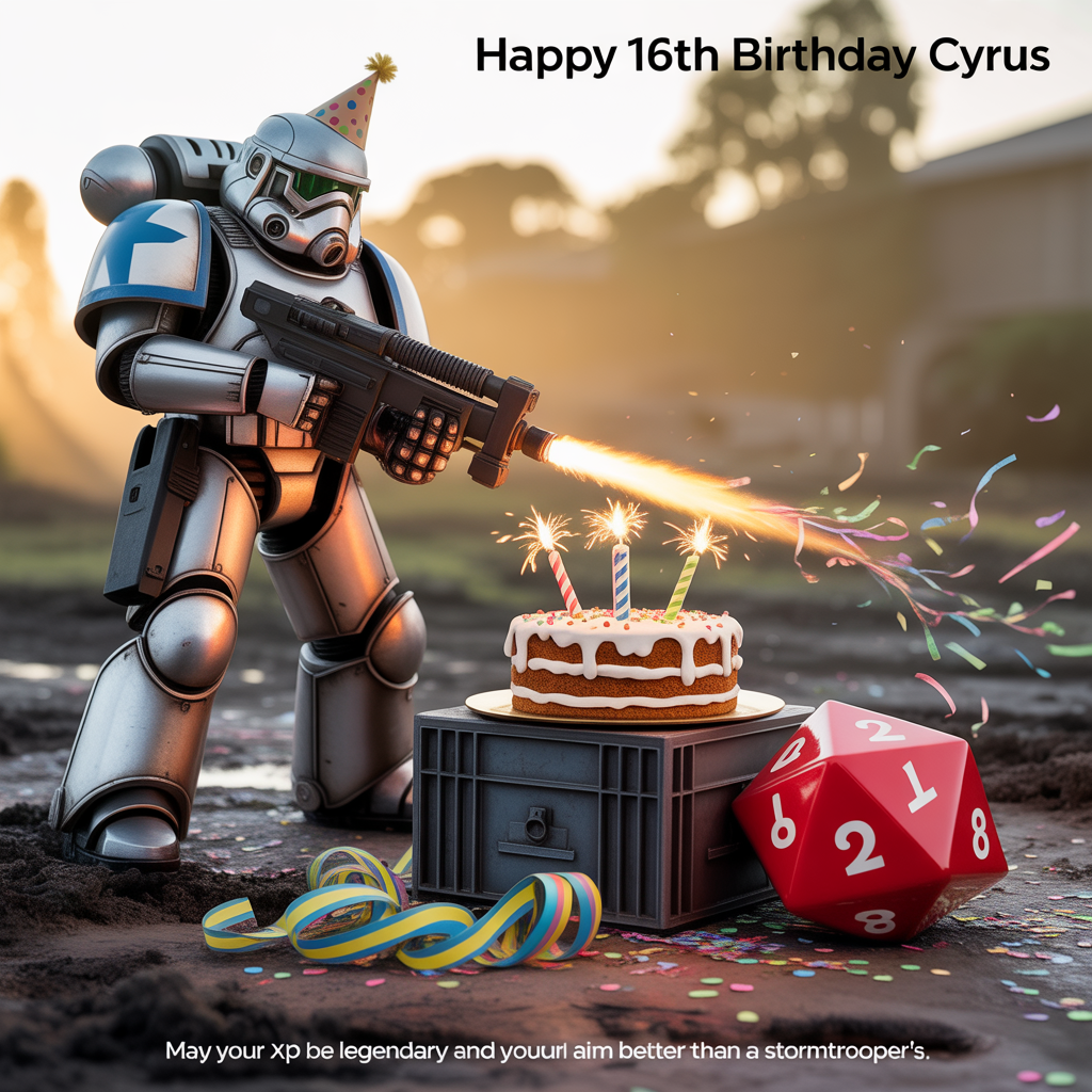 At the top of the Photorealistic picture taken from a camera image, "Happy 16th Birthday Cyrus"

At the bottom of the image, "May your XP be legendary and your aim better than a stormtrooper’s."

Ultra‑high‑definition 4K UHD photograph, true-to-life, funny, cinematic golden-hour lighting with volumetric sunbeams through light battlefield haze, crisp lifelike textures and rich depth of field. A surreal “birthday truce” on a muddy battlefield turned celebration:
- Foreground: an ammo crate used as a cake table, realistic frosting and crumbs, sparklers and one glowing lightsaber‑style candle; a giant glossy red d20 rests beside the cake. Confetti litters the mud, mixing neon colors with earth tones, tiny dust motes sparkling in the light.
- Left: a hulking Warhammer‑style space marine in gothic power armor wearing a tiny paper party hat, shouldering a “confetti bolter” blasting colorful streamers skyward.
- Right: a Star Wars‑style stormtrooper clutching helium balloons (star- and d20‑shaped), visor catching a clean highlight, posture playfully awkward.
- Midground: a Dungeons & Dragons‑style dragon perched on sandbags, also in a cone party hat, puffing a smoke ring shaped like “20”. Nearby, a wizard in robes conjures a floating gift box with shimmering runes.
- Background: a WW2 Sherman tank draped in pastel bunting; a WW1 biplane loops overhead trailing party streamers; a modern “Battlefield”‑style soldier in tactical gear crouches by a gift crate labeled “LOOT,” giving a thumbs‑up.
- No combat, no gore—just a cheerful ceasefire celebration. Colors pop against muted uniforms and metal; reflective highlights on armor, realistic fabric and mud textures, subtle film grain.
- Shot on a full‑frame DSLR, 35mm lens, f/2.8, shallow depth‑of‑field with soft bokeh; sharp focus on cake and characters, background tastefully blurred. Make the headline bold and cinematic at the top, the punchline clean and cheeky at the bottom with a soft drop shadow for readability.
Generated with these themes: Warhammer 40k, Star wars, Dungeons and dragons, World War 1 and 2, Battlefield, and .
Made with ❤️ by AI.