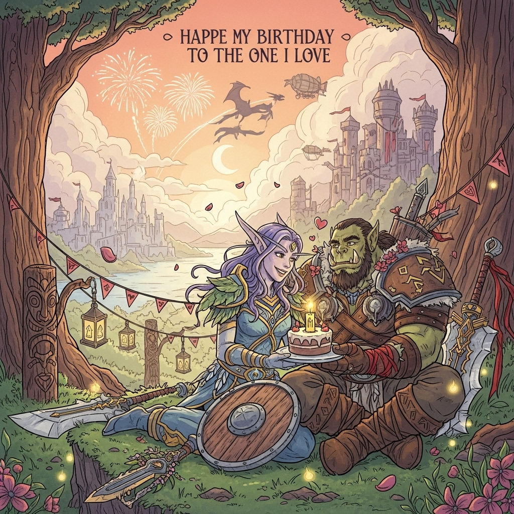 At the top of the Illustration Style image, Happy Birthday to the one I love

Romantic, hand-drawn illustration with fine linework and textured brush strokes, balanced composition, and a warm, expressive color palette. A world of warcraft–inspired fantasy scene at golden hour: in the foreground, two adventurers—a graceful night-elf–like druid and a gentle orc warrior—sit close together on a mossy cliff beneath colossal ancient trees. He offers a tiny birthday cake atop a round wooden shield; a single glowing rune-candle casts honeyed light across their smiling faces. Her hair shimmers with soft violet highlights, his tusks are wrapped with little red ribbons; their oversized, ornate armor (leaf motifs, runes, leather and fur) looks lovingly worn. Their weapons rest aside, entwined with wildflowers. Arcane sparks and fireflies swirl into subtle heart shapes around them.

Midground: lanterns strung between carved totems, fluttering pennants with tiny heart emblems, flower petals drifting on a warm breeze. Background: across a river, a luminous fantasy city of pale spires faces a rugged orcish stronghold of timber and crimson banners; heart-shaped fireworks bloom overhead, a dragon silhouette arcs through the sky, and a distant airship sails past a crescent moon. Soft rim light, gentle vignette, painterly washes on lightly textured paper; warm peaches, rose, and honey gold balanced with cool teals and amethyst glows. Keep the composition centered on the couple, with open sky near the top for the headline; top text in flowing hand-lettered script with subtle rune flourishes.

At the bottom in small, playful hand-lettering: You’re my legendary drop.
Generated with these themes: World of warcraft, and .
Made with ❤️ by AI.