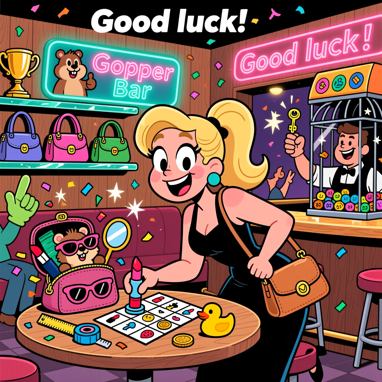 At the top of the Cartoon Style image, Good luck!

Playful, funny cartoon scene in a lively bar: a cheerful blonde-haired adult lady with exaggerated features, big expressive eyes, and a swoopy ponytail leans over a small round table, mid-action stamping a lipstick-shaped dauber onto a purse-themed bingo card (squares show cute icons like lipstick, keys, mirror, coin purse). Her open handbag bursts with silly items (oversized sunglasses, a gopher plush peeking out, confetti, a tape measure, a rubber duck), all drawn with thick outlines and bright saturated colors. Behind her, the cozy wood-and-neon interior proudly features a glowing sign that reads “Gopher Bar” with a goofy cartoon gopher mascot giving a thumbs-up. A shiny shelf displays trophy-like prize handbags in outrageous sizes and colors; to one side, a bingo cage is filled with tiny purse charms instead of balls while a friendly bartender smirks and holds up a charm as if calling the next play. Around her, simplified patrons cheer with energetic poses, foam fingers shaped like handbags, and sparkling starbursts. Whimsical motion lines, confetti bursts, and doodle sparkles amplify the excitement. Style: playful cartoon characters, thick black outlines, bold color blocks, cel-shaded highlights, dynamic composition, full-bleed portrait. Keep text minimal: only the top title “Good luck!” and the environmental “Gopher Bar” sign. No real brand logos.
Generated with these themes: .
Made with ❤️ by AI.