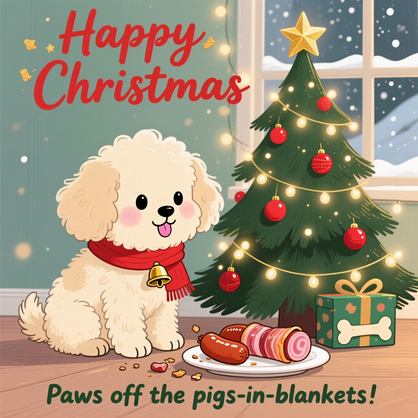 Dog, Fluffy cream dog coat, Sausages in bacon, Christmas tree, and Christmas Card