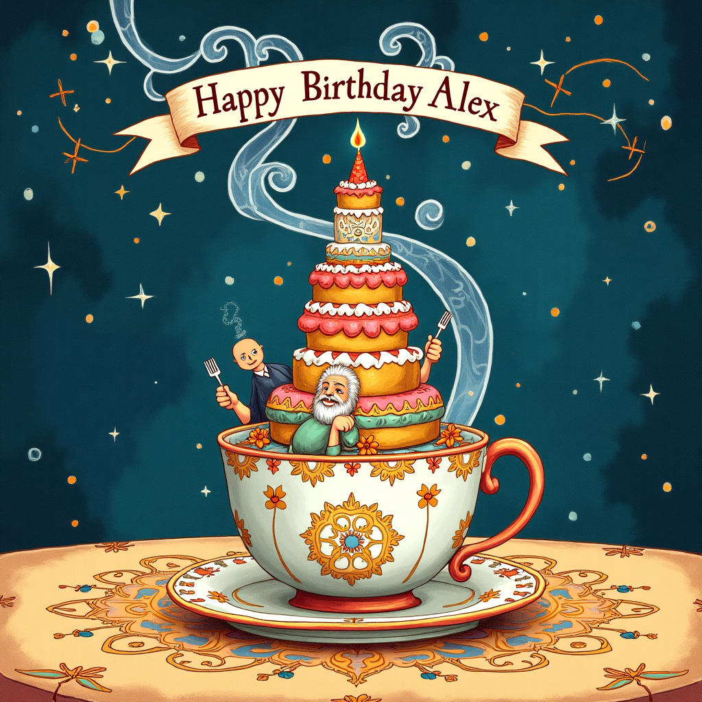 Tea cup, Philosophers, Birthday cake, and The text "Happy Birthday Alex" Birthday Card