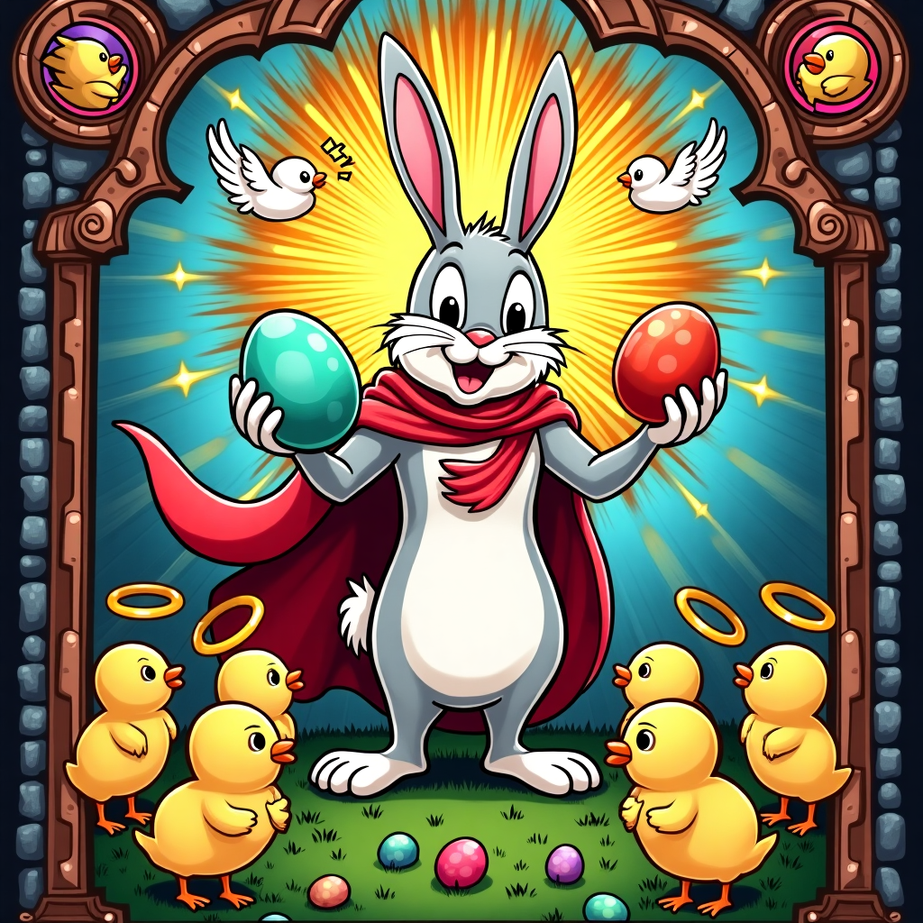 **Prompt:**  

A comical stained-glass-style illustration featuring a heroic-looking Easter Bunny in a dramatic, radiant pose, holding a giant jellybean like a sacred relic. Behind the bunny is a vibrant stained glass window design, bursting with Easter eggs, flying marshmallow chicks, and overly dramatic angels made of chocolate. The sun beams through the glass, casting rainbow colors on a group of puzzled baby chicks in choir robes, singing off-key. Include playful medieval scrollwork framing the scene with hidden bunnies peeking out like saints in little egg-shaped halos. Bold, saturated colors and exaggerated expressions enhance the humor.
Generated with these themes: Stained glass window Easter theme.
Made with ❤️ by AI.