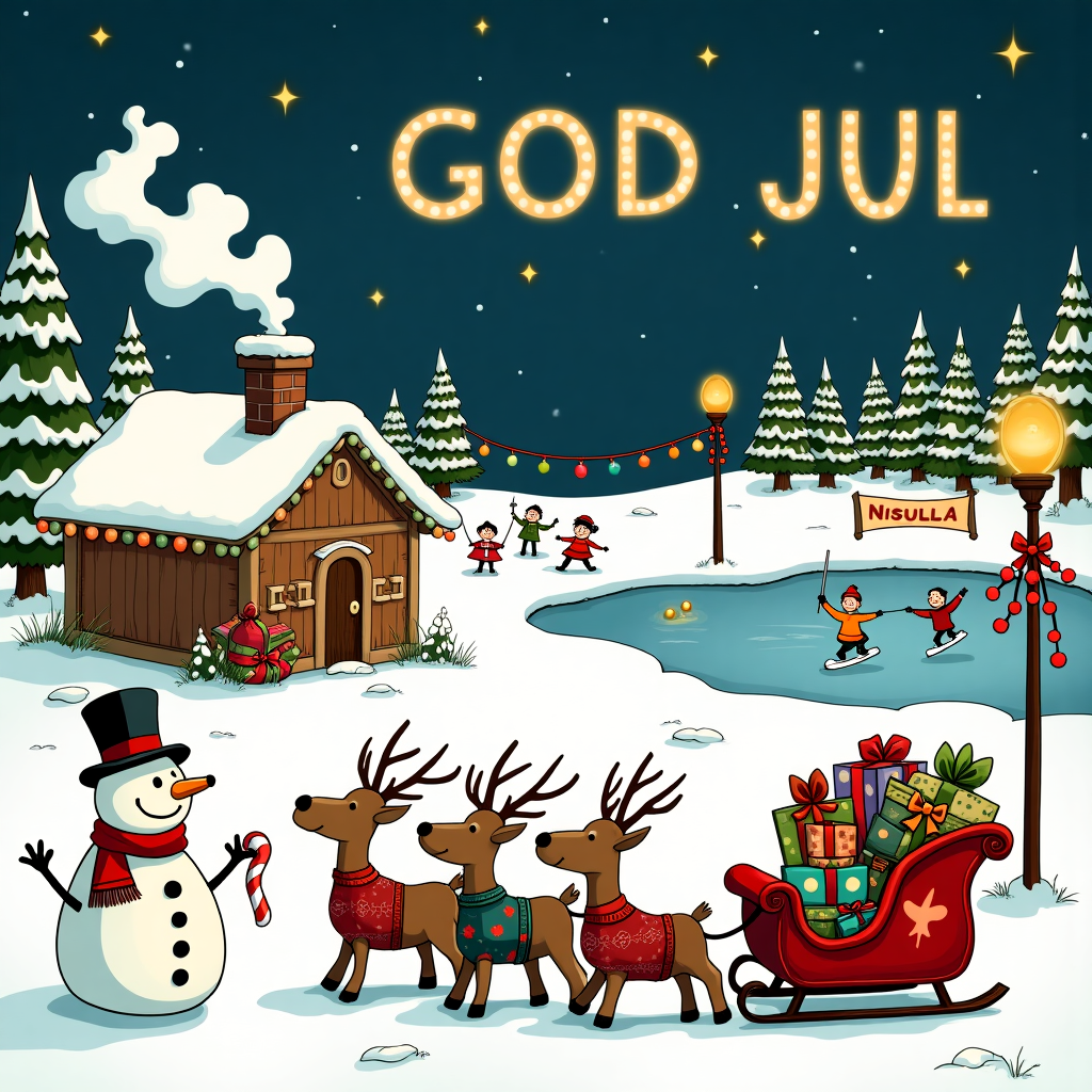 The scene is set in a snowy, Scandinavian-style village bustling with whimsical holiday activity, reminiscent of a cross between Schulz's Peanuts neighborhood and Tezuka’s vibrant worlds. In the foreground, a group of animated, cartoonish reindeer, sporting knitted Nordic sweaters and Santa hats, are playfully pulling a sleigh. The sleigh is comically overflowing with gifts wrapped in vivid paper and large bows, with a small, impish elf perched atop, directing the reindeer with a candy cane. 

To the left, there’s a cozy, timber-framed gingerbread house adorned with twinkling fairy lights, its chimney puffing out curls of vanilla-scented smoke, evoking Winsor McCay's intricate dreamscapes. Standing proudly in front of this house is a snowman with expressive eyes, fashioned with buttons, a carrot nose, and a large, floppy top hat slightly askew, a nod to the charm of Watterson's Calvin and Hobbes. The snowman's stick arms hold a sign that reads "GOD JUL" in bold, cheerful lettering.

In the background, the snowy hills are dotted with pine trees decorated with oversized, whimsical ornaments and strings of lights, reminiscent of a Larson-esque twist. Above the village, the night sky is a deep navy canvas filled with bright, sparkling stars. Among the stars, fluffy clouds spell out "Shop Engineering" in a playful, swirling font, as though written by the gentle hand of a mischievous, unseen Santa.

Alongside, there's a festive banner strung between two tall lamp posts draped in holly and tinsel, further reinforcing the message. Skating across a frozen pond in the distance are bundled-up villagers, their knitted scarves trailing behind them in the wind, evoking the playful chaos of an Eisner or Hergé scene. The entire scene exudes an aura of bustling joy and merriment, as tiny details such as footprints in the snow and colorful baubles on the trees invite the eye to linger and discover.
Generated with these themes: GOD JUL.
Made with ❤️ by AI.