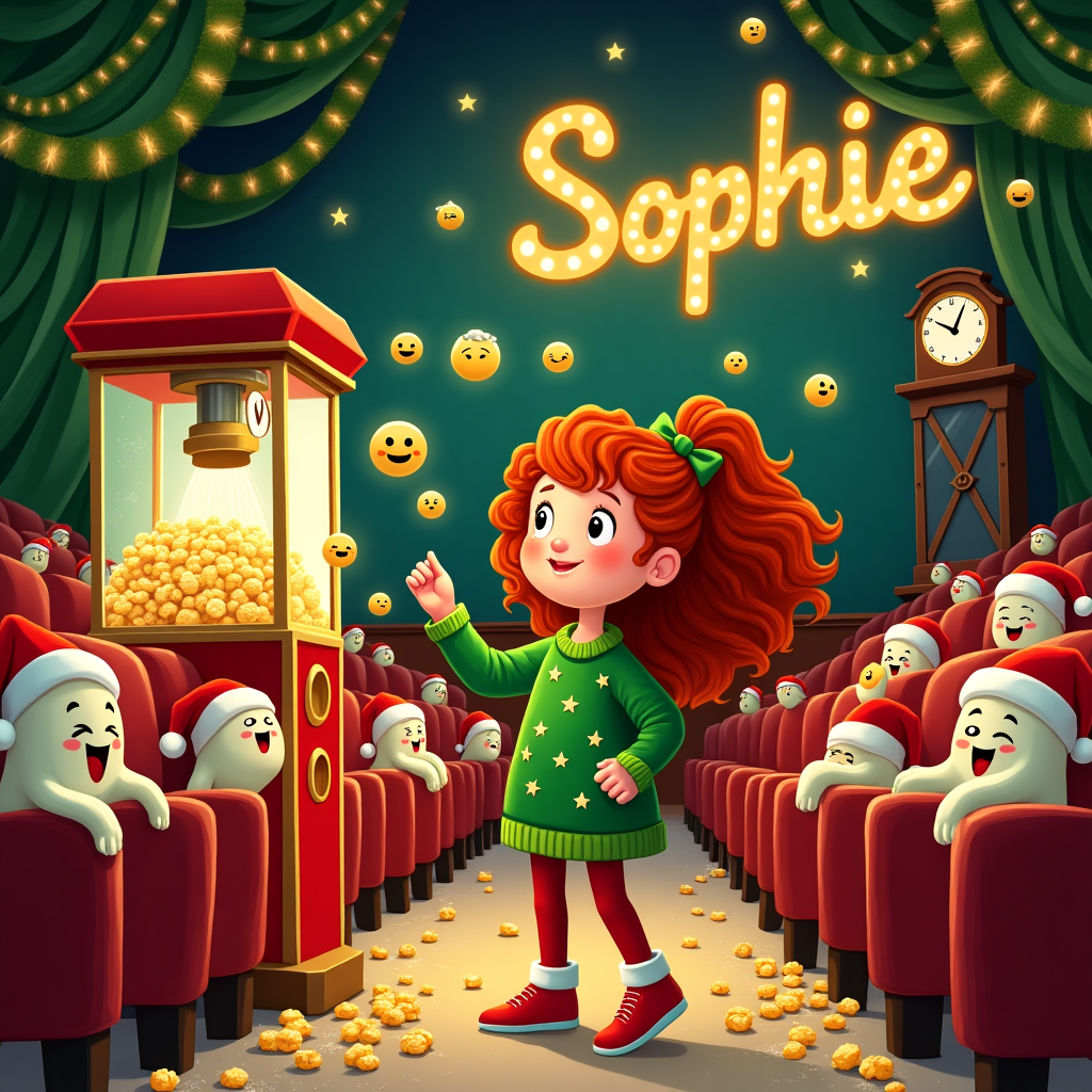 Cinema, Popcorn, Emoji, and Red haired girl Christmas Card