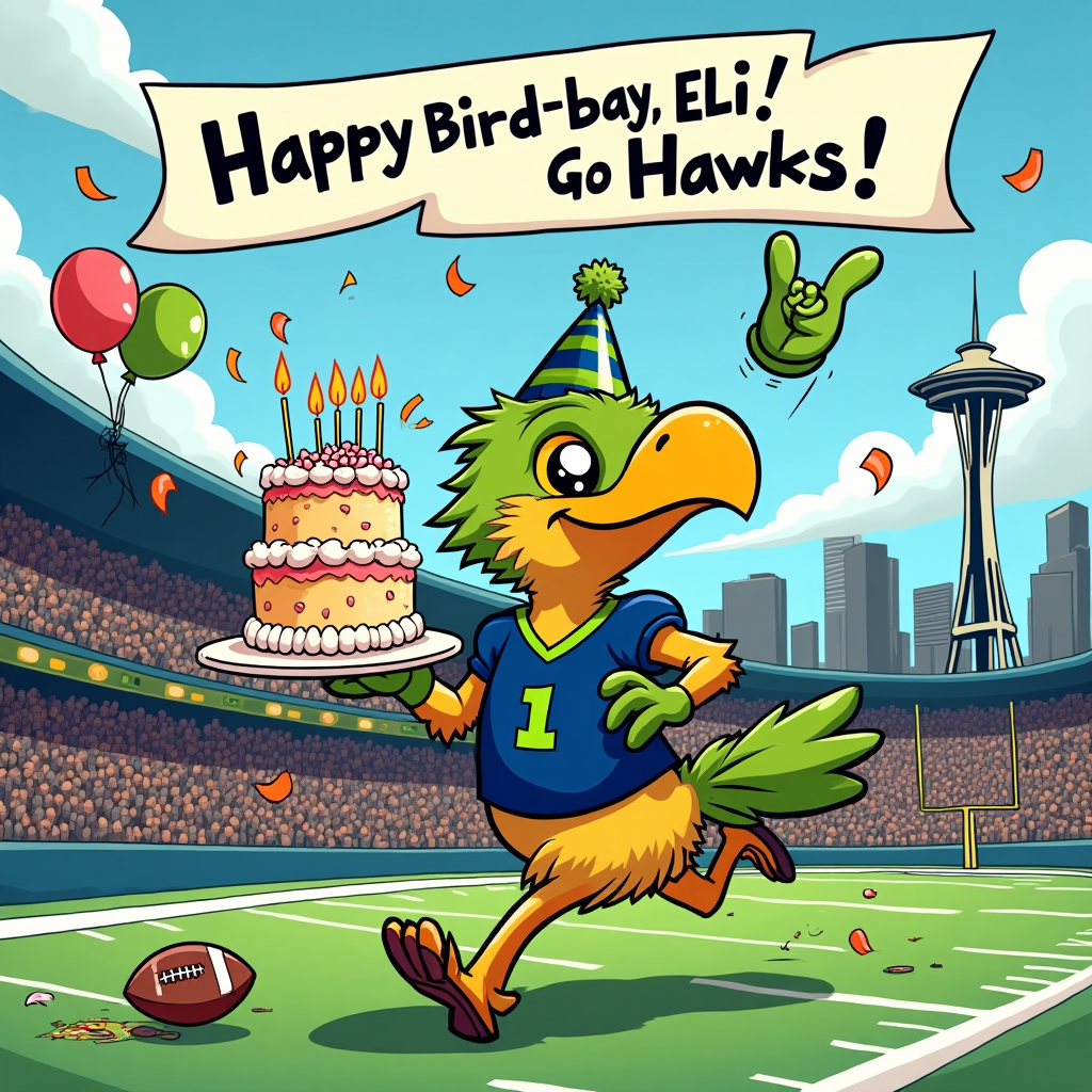 Playful cartoon style with exaggerated proportions, thick black outlines, bright saturated colors, and whimsical, energetic poses. Scene: A goofy, turbo-charged hawk in navy and neon green sprints across a sunny football field, clutching a towering birthday cake iced like a mini gridiron with candle goalposts; frosting splatters and motion lines fly. The hawk wears a tilted party hat and a plain green foam finger (no logos or numbers). Confetti bursts, football-shaped balloons bobble, and a tiny cupcake in a toy helmet chases stray sprinkles. A roaring stadium crowd fills the background, with the Seattle skyline and the Space Needle peeking above the stands. Big smiles, slapstick chaos, full-bleed portrait composition. Include only this one cheeky text line on a bold curved banner overhead in bouncy hand lettering: “Happy Bird-day, Eli! Go Hawks!”
Generated with these themes: Happy birthday Eli, Seattle Seahawks, and .
Made with ❤️ by AI.