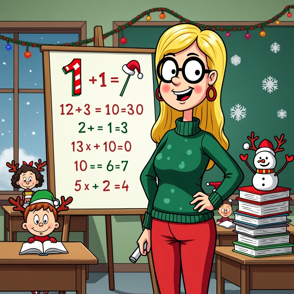 In this whimsical cartoon Christmas scene, we find ourselves in a charmingly cluttered classroom, reminiscent of a Charles Schulz strip, infused with a touch of Disney magic. At the center, a lively, smiling female teacher stands in front of a large, slightly tilted whiteboard filled with colorful mathematical equations that cleverly incorporate Christmas elements. For instance, a drawn candy cane serves as the number 1, and a Santa hat perches jauntily on top of a geometric triangle. Her straight blonde hair cascades neatly down to her shoulders, accentuated by oversized, hoop earrings that glint like tiny wreaths. The teacher's glasses are large, round, and slightly askew, adding a dash of cartoonish charm, reminiscent of Osamu Tezuka's expressive characters.

Her outfit is festive yet professional: bright red trousers paired with a cozy, forest-green sweater adorned with a subtle snowflake pattern. In one hand, she holds a chunky piece of chalk, while the other rests confidently on her hip. Behind her, the classroom is decked out in holiday cheer, inspired by the imaginative details of Winsor McCay's worlds. Brightly colored paper chains hang from the ceiling, twining with tinsel, while a tiny Christmas tree, comically lopsided, stands proudly on a desk in the background, its top adorned with a crooked golden star.

In the foreground, a few cartoonishly wide-eyed students peek from their desks, wearing a mix of reindeer antlers and elf hats, their expressions a blend of curiosity and amusement. Snowflakes crafted from paper hang in the windows, through which a soft snow can be seen falling against the dimming twilight, a nod to Hergé's intricate environments. To the side, a stack of math books piled high is humorously topped with a jolly, grinning snowman wearing a scarf made from graph paper. The scene is an eclectic mix of educational focus and festive fun, combining the imaginative story-telling of Bill Watterson with the quirky humor of Gary Larson.
Generated with these themes: A smiling female teacher with straight blonde hair and glasses and large earrings, wearing trousers, A white board with maths on, and Christmas decorations.
Made with ❤️ by AI.