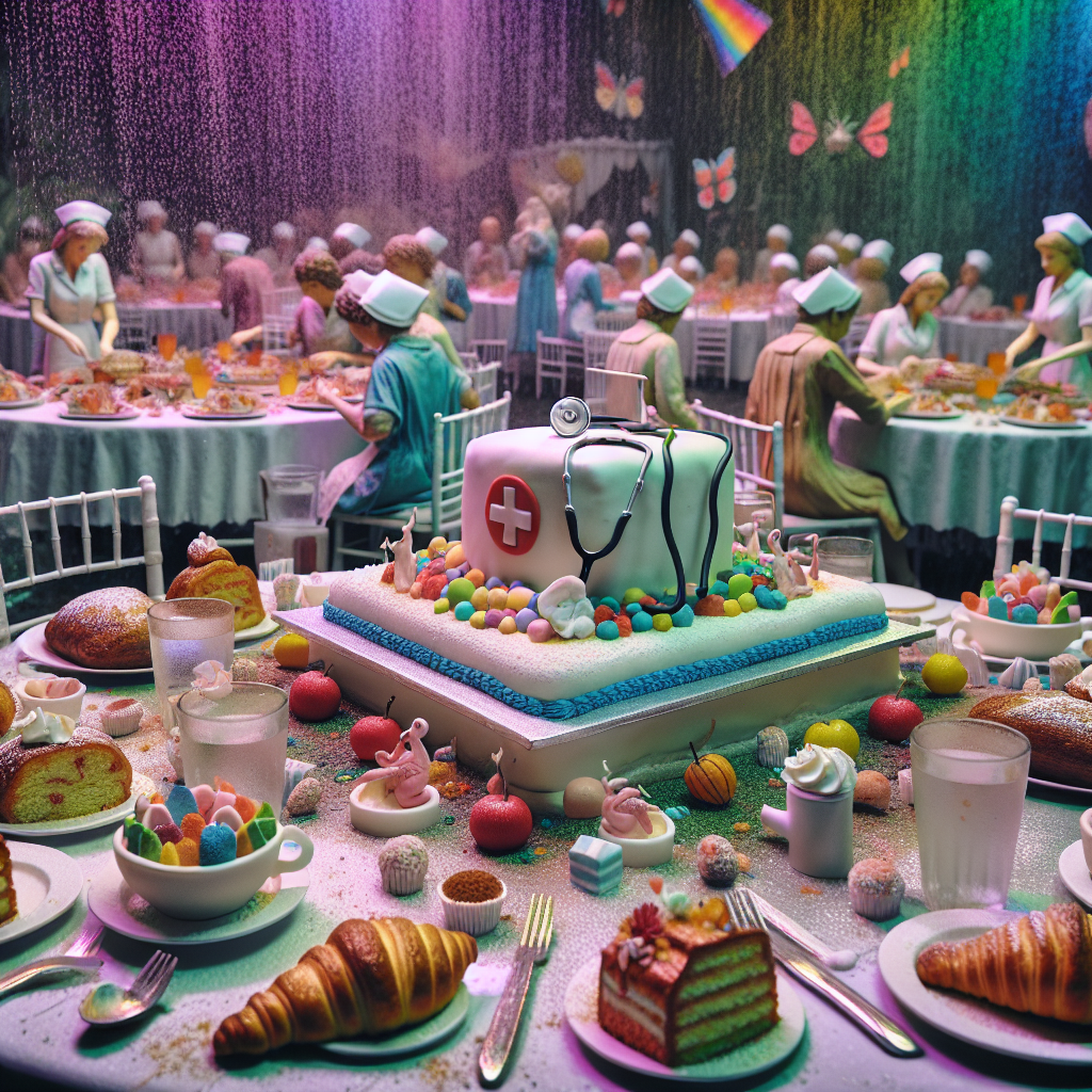 A birthday party unfolds in a setting that is both fantastical and grounded in day-to-day life. A cake that resembles a life-sized nurse is the centerpiece of the room, surrounded by pieces of pastry shaped like musical notes that seem to play songs from 'The Sound of Music'. Realistic miniatures of food items serve as unique decorations on tables draped in rainbow-colored linens that appear to twinkle with the colors of a drizzle that has just passed, submerging the diverse crowd of guests in an environment full of visual riches and enchanting sounds.
Generated with these themes: Nurse, Sound of music, Food, and Rainbows.
Made with ❤️ by AI.