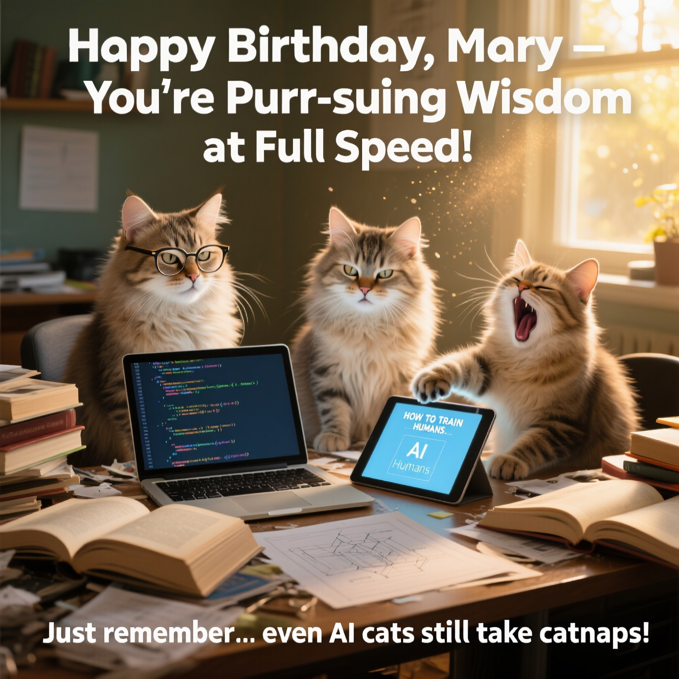 At the top of the image, "Happy Birthday, Mary – You’re Purr-suing Wisdom at Full Speed!"  

At the bottom of the image, "Just remember… even AI cats still take catnaps!"  

- In the center, a hyper-realistic 4K photograph of three fluffy, expressive cats sitting around a messy desk piled high with open books, glowing tablets, and printed AI code diagrams. One cat wears tiny reading glasses and squints at a laptop screen displaying lines of Python code, another cat is dramatically pawing at a tablet showing a “How to Train Humans” manual, and the third cat is mid-yawn, clearly over it. Sunlight streams in from a window, dust motes caught in the golden glow, giving the scene a warm and comedic authenticity. The depth of field draws the eye to the cats’ whiskers and fur textures, making them look so real you could reach out and pet them.
Generated with these themes: Cats AI Reading, and .
Made with ❤️ by AI.