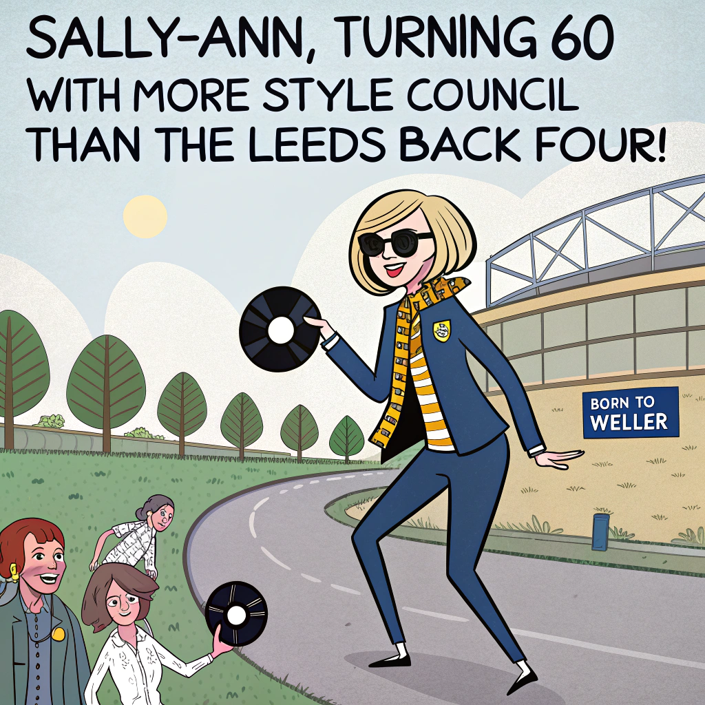At the top of the image, "Sally-Ann, turning 60 with more Style Council than the Leeds back four!"

- Illustrate a humorous, cartoon-style scene of Sally-Ann on a football pitch styled like a retro mod icon — think sharp Paul Weller-inspired suit, skinny tie, and big sunglasses — moonwalking across Elland Road’s centre circle while Leeds United players (past and present) cheer her on and toss vinyl records instead of footballs.  
- One player is holding up a scarf that says "Born to Weller" while another is painting "Happy 60th!" onto a goal net.
- Add fun background details like birthday bunting in Leeds blue and yellow, disco lights, and a DJ booth made out of an amplifier stack labelled "The Jammin’ Years."
Generated with these themes: Paul Weller, Leeds United, and 60th Birthday.
Made with ❤️ by AI.