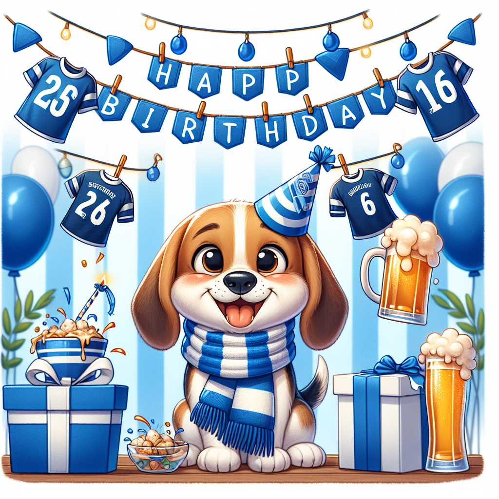 In this adorable animated birthday party scene, a cartoon beagle is wearing a scarf in blue and white, grinning widely with a party hat on its head. The canine is surrounded by gifts wrapped in blue and white ribbons, referencing the colors of a popular football team. On the side, a charming cartoon representation of a beer garden is illustrated, where animated beer mugs are being joyously clinked in celebratory cheers. Suspended above is a banner that reads 'Happy Birthday', with each letter attached to a string of miniature jerseys in blue and white, contributing an additional element of football spirit to the festive atmosphere.
Generated with these themes: Beagle , Beer , and Everton .
Made with ❤️ by AI.