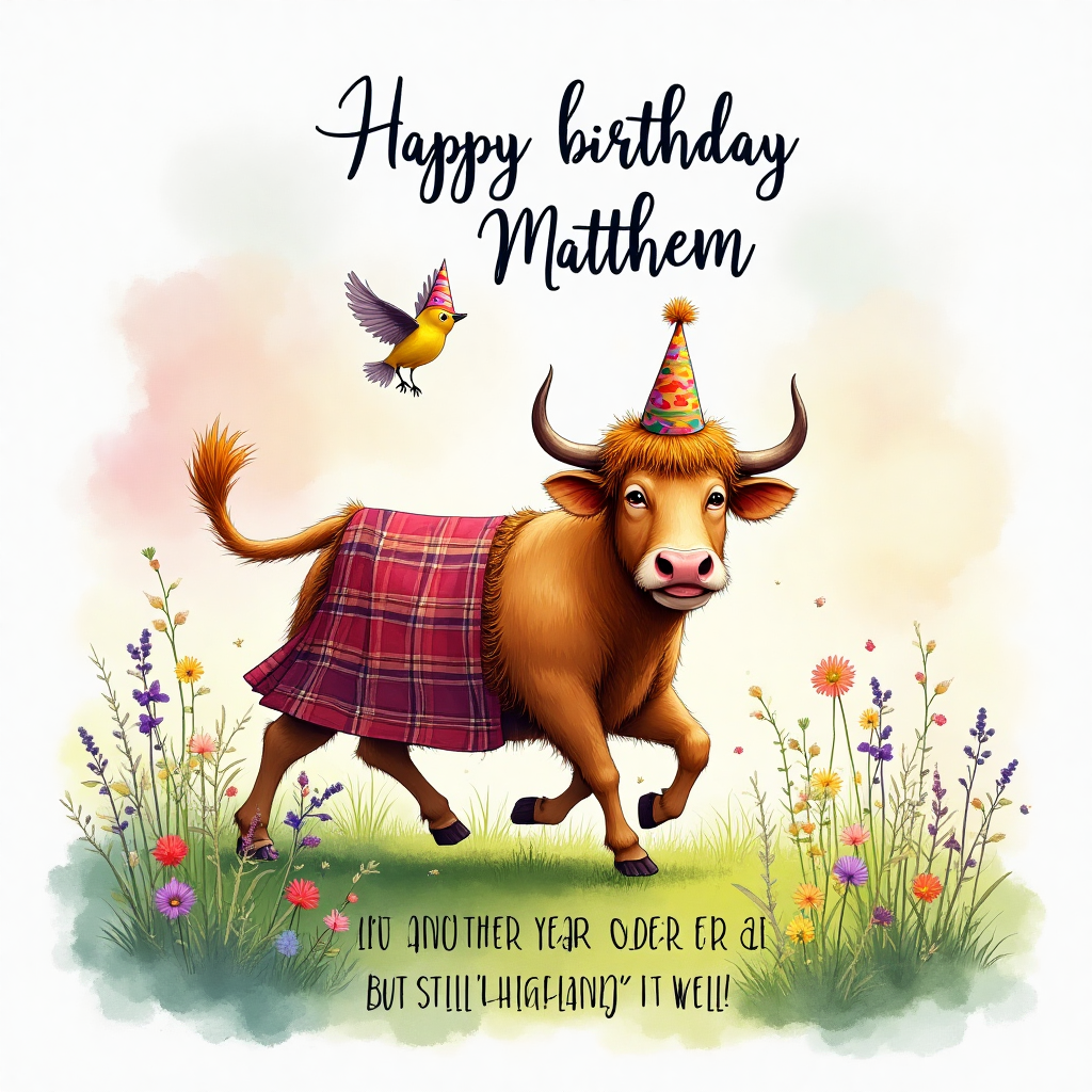 At the top of the Watercolor Style image, in playful, handwritten script, include the text: **Happy birthday Matthew**

**Image Description:**

In the center of the scene, imagine a bold and whimsical Highland cow, sporting a bright tartan kilt and a tiny, colorful party hat perched on its shaggy head. The cow is playfully charging through a lush, watercolor-painted meadow, its hooves barely touching the ground. Its expression is one of joyful determination, reminiscent of a braveheart warrior. Surrounding the cow are soft splashes of vibrant colors—greens, purples, and blues—representing wildflowers swaying in a gentle breeze. 

Above the cow, the watercolor sky is awash with pastel hues of pink and orange, hinting at a beautiful sunset, with a couple of mischievous birds wearing party hats fluttering nearby, as if joining in on the celebration. 

For an added touch of humor, beneath the cow, there's a cheeky text in playful font that reads: "Another year older, but still 'highland' it well!" 

This joyful and quirky scene captures a fun and light-hearted birthday celebration, perfect for someone with a brave spirit like Matthew.
Generated with these themes: Brave heart, and .
Made with ❤️ by AI.
