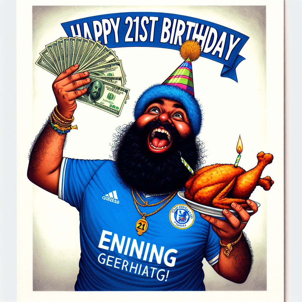 An imaginative illustration showcasing an exuberant bearded man of Indian descent, gleefully marking his 21st birthday. He's clad in a bright blue football club shirt and wears a jolly party hat perched amusingly on his head. In one hand, the man excitedly brandishes a handful of cash, signifying abundance, while the other is lightheartedly lifted, gripping a savory chicken wing, all set for a birthday feast. The picture emanates a vibe of merriment with 'Happy 21st Birthday' jubilantly penned across the image, guaranteeing a unique touch to the commemorative illustration.
Generated with these themes: Happy 21st Birthday Pavan, and Bearded indian man wearing a party hat and a Chelsea Football Club shirt celebrating with money in one hand and a chicken wing in the other .
Made with ❤️ by AI.