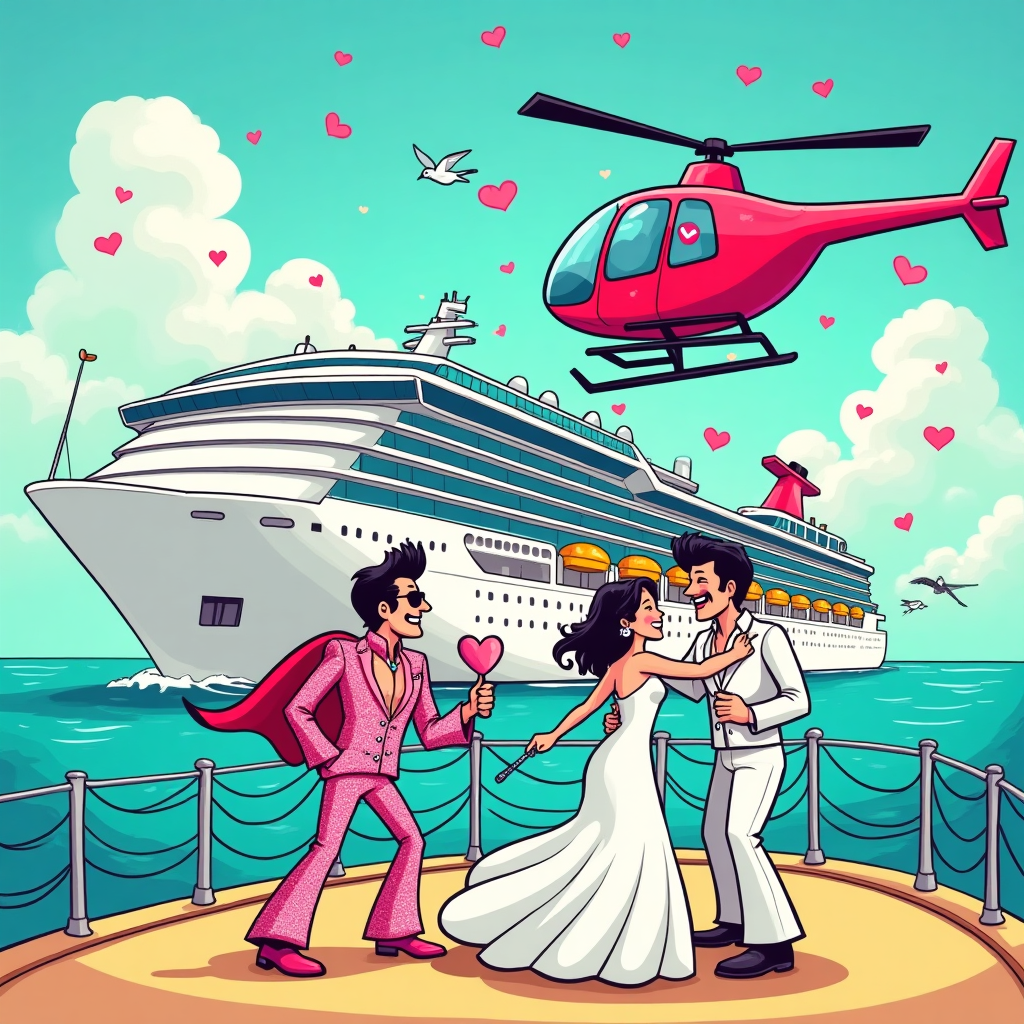At the top of the Cartoon Style image, add the text "Congratulations 🥳 🥳🥳" in big bubbly white letters with a hot-pink outline, arched across a sunny sky.

Playful, bright, funny cartoon scene on the open sea: a gigantic white Cruise ship with candy colors and chunky, thick outlines sails across turquoise water. On the sunlit deck, two exuberant newlyweds (oversized smiles, lively poses, exaggerated proportions) do a dramatic dip-and-twirl. Beside them, a glittery Cartoon Elvis officiant in a rhinestone jumpsuit, cape fluttering, pompadour and oversized sunglasses, strikes a hip-shaking pose while strumming a sparkly heart-shaped guitar. Overhead, a cheerful red Helicopter with chunky skids hovers, its rotor wash puffing out heart-shaped confetti that swirls around the couple like a glowing frame. Tin cans dangle comically from the helicopter skids, streamers flutter, and seagulls in tiny bow ties cheer them on. Bold, saturated palette (turquoise, hot pink, sunshine yellow, electric blue), thick black outlines, and bouncy motion lines amplify the energy and humor.

Add one extra cheeky line of text as a small trailing banner from the Helicopter: “Elvis has left the single life!”
Generated with these themes: Elvis, Cruise, Helicopter , and .
Made with ❤️ by AI.