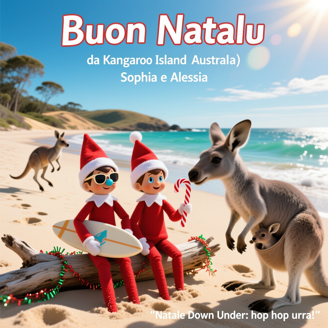 Due elfi di elf on the shelf con i canguri in Australia, and Christmas Card