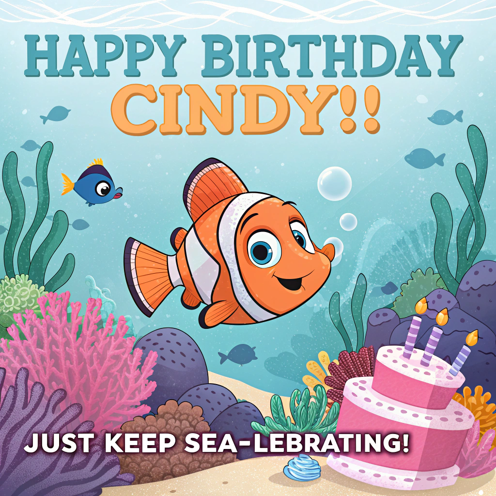 At the top of the Cartoon Style image, "Happy Birthday Cindy!!"

At the bottom of the image, "Just keep sea-lebrating!"

In the center, illustrate a playful underwater reef party inspired by Finding Nemo: a bright orange clownfish with a tiny “lucky” fin and an oversized party hat bursts out of a wiggly pink sea anemone, grinning, while a wide-eyed blue tang buddy zooms past balancing a frosted coral-reef cake on a shiny shell. Surround them with colorful corals, swaying seaweed streamers, jellyfish lanterns, bubbly confetti, and balloon-like pufferfish; a chill sea turtle photobombs and a friendly reef shark politely holds a fork with a napkin tucked in. Sunbeams pierce the teal water and curvy bubble trails add motion.

Style: playful cartoon, thick bold outlines, exaggerated proportions, big expressive eyes, bright saturated colors (teals, corals, citrus oranges, electric blues), whimsical, energetic poses. Keep clear space behind the top and bottom text for readability; render the text in bubbly, wave-like lettering that fits the underwater theme.
Generated with these themes: Finding Nemo, , and .
Made with ❤️ by AI.