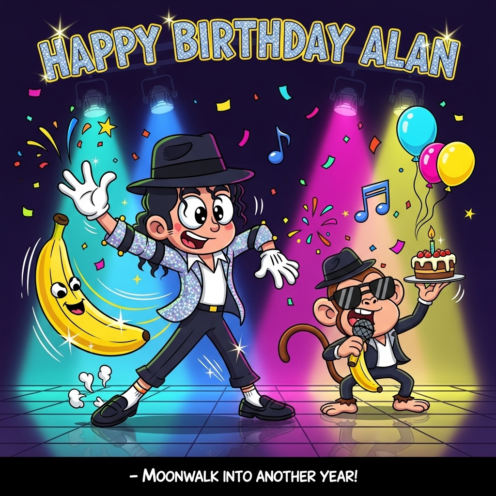 At the top of the Cartoon Style image, "Happy Birthday Alan" in big glittery bubble letters with star-sparkle highlights.

Playful Cartoon Style with exaggerated proportions, thick black outlines, and bright saturated colors. On a neon-lit stage, a cartoon Michael Jackson mid-moonwalk with an over-the-top anti-gravity lean: big expressive eyes, cheeky grin, black fedora tipped low, shimmering sequined jacket, a single sparkling white glove held out, crisp white socks and black loafers sliding with swoosh lines. Beside him, a mischievous cartoon monkey (chimp) sidekick in a mini-MJ outfit—tiny fedora, one gloved hand, cool shades—belting into a banana microphone while spinning and balancing a tiny birthday cake with a music-note candle. Confetti bursts, starbursts, and balloons shaped like musical notes float around; disco spotlights paint electric blues, hot pinks, purples, lemon yellow, and lime green across a glossy stage floor with fun reflections. Add a playful golden banana peel behind them morphing into a shimmering “moon-slide” trail. Whimsical, energetic poses; sparkling highlights; high contrast; dynamic motion lines; fun 80s neon vibe.

At the bottom, add a small single-line caption in a hand-drawn comic font: "Moonwalk into another year!"
Generated with these themes: Michael Jackson, Monkey, and .
Made with ❤️ by AI.