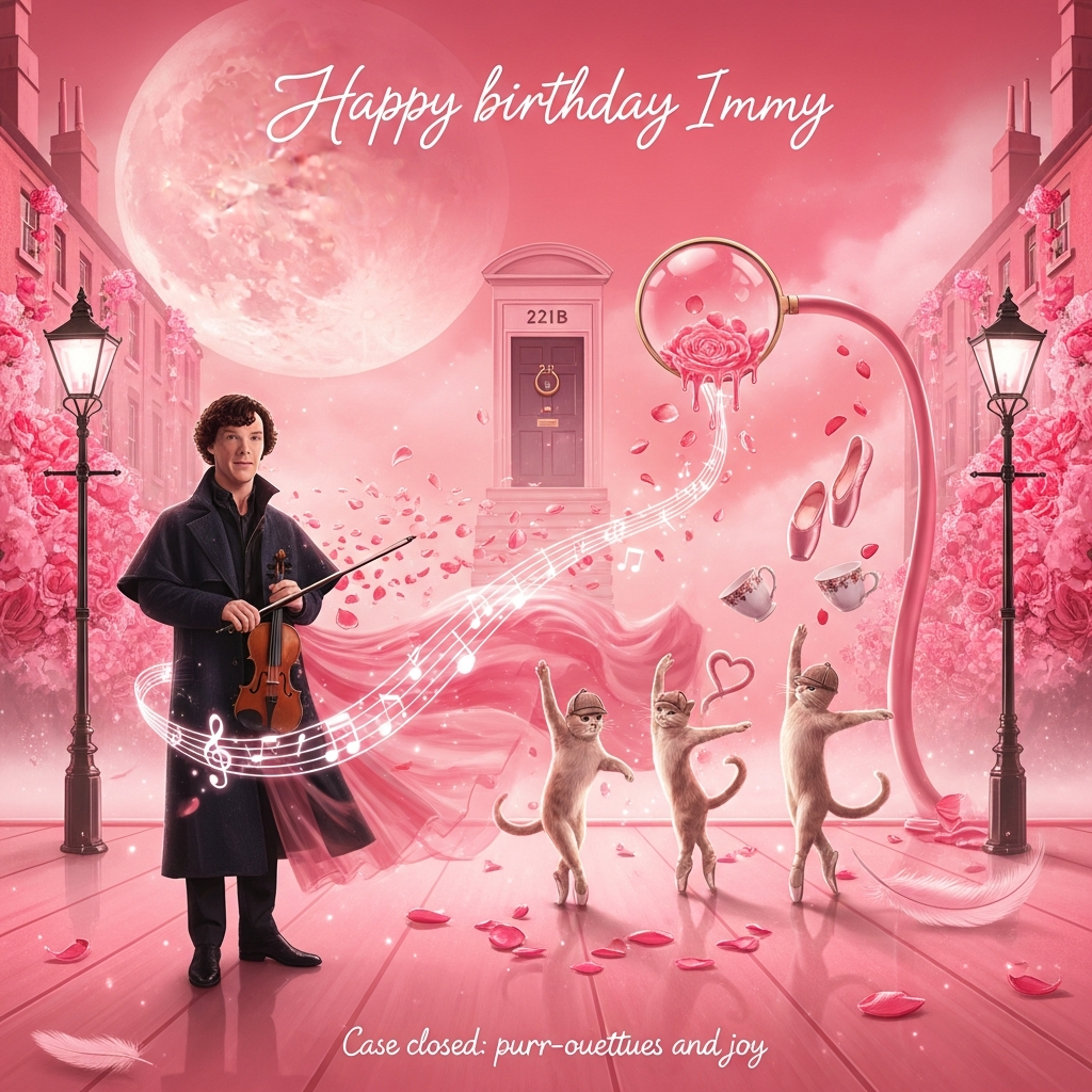 At the top of the Surreal Style image, Happy birthday Immy

A sincere, dreamlike surreal tableau in luminous pinks: an endless blush-pink London street gently melts into a rose-quartz ballet stage. Benedict Cumberbatch as Sherlock Holmes stands center-left with a warm, thoughtful smile, his long dark coat subtly transforming into airy pink tulle that billows like mist. He cradles a violin; the bow paints a ribbon of light that unspools into pawprints and musical notes. Around him, three elegant cats en pointe perform soft pirouettes, tiny deerstalker caps perched on their ears, their tails curling into heart shapes. Overhead, a colossal magnifying-glass moon casts ethereal pearlescent light; the 221B doorway arcs in the distance, bending like warm wax as its brass knocker drips into rose petals. Streetlamps bloom as peonies; teacups melt into satin ballet slippers midair; floating footprints turn to feathers. Palette: rose, petal-pink, blush, soft coral with gentle gold highlights. Atmosphere: heartfelt, tranquil, otherworldly; shimmering particles, soft volumetric glow, painterly texture, high detail, shallow depth of field. Title text in delicate hand-lettered script, softly glowing to sit harmoniously with the pink hues.

At the bottom of the image, a small, understated caption in silver-pink script: Case closed: purr-ouettes and joy.
Generated with these themes: Sherlock (Benedict cumberbatch), ballet, cats, pink, and .
Made with ❤️ by AI.