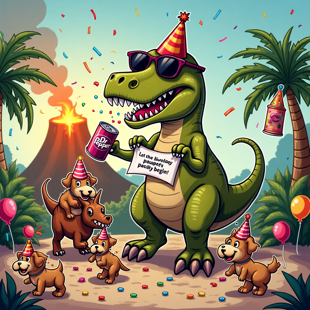 **Prompt:**

At the top of the cartoon image, “Have a Rawr-some Birthday, Emma – Powered by Puppies & Dr Pepper!”

Create a vibrant, cartoon-style scene in a prehistoric party setting. A giant, goofy T-Rex wearing a birthday hat and oversized sunglasses is attempting to hold a can of Dr Pepper with its tiny arms, accidentally spraying it in excitement. Around the dinosaur's feet, a chaotic, adorable pack of party hat-wearing puppies are trying to herd balloons and chase their own tails. One puppy is riding a miniature triceratops, holding a banner that reads "Let the birthday paws-terity begin!" The background includes a volcano spewing confetti instead of lava and a piñata shaped like a soda can hanging from a palm tree. The whole image has a funny, chaotic party vibe with rich, bright colors and over-the-top expressions.
Generated with these themes: Dinosaur , Dr Pepper , and Puppies.
Made with ❤️ by AI.