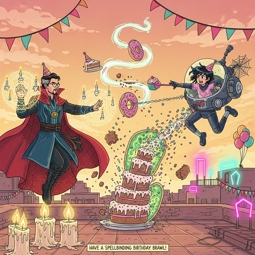 Dr Strange Marvel (Pakistani man with black glasses) fighting , Fighting scene , Peni Parker Marvel , Fight scene battle , and Birthday Card