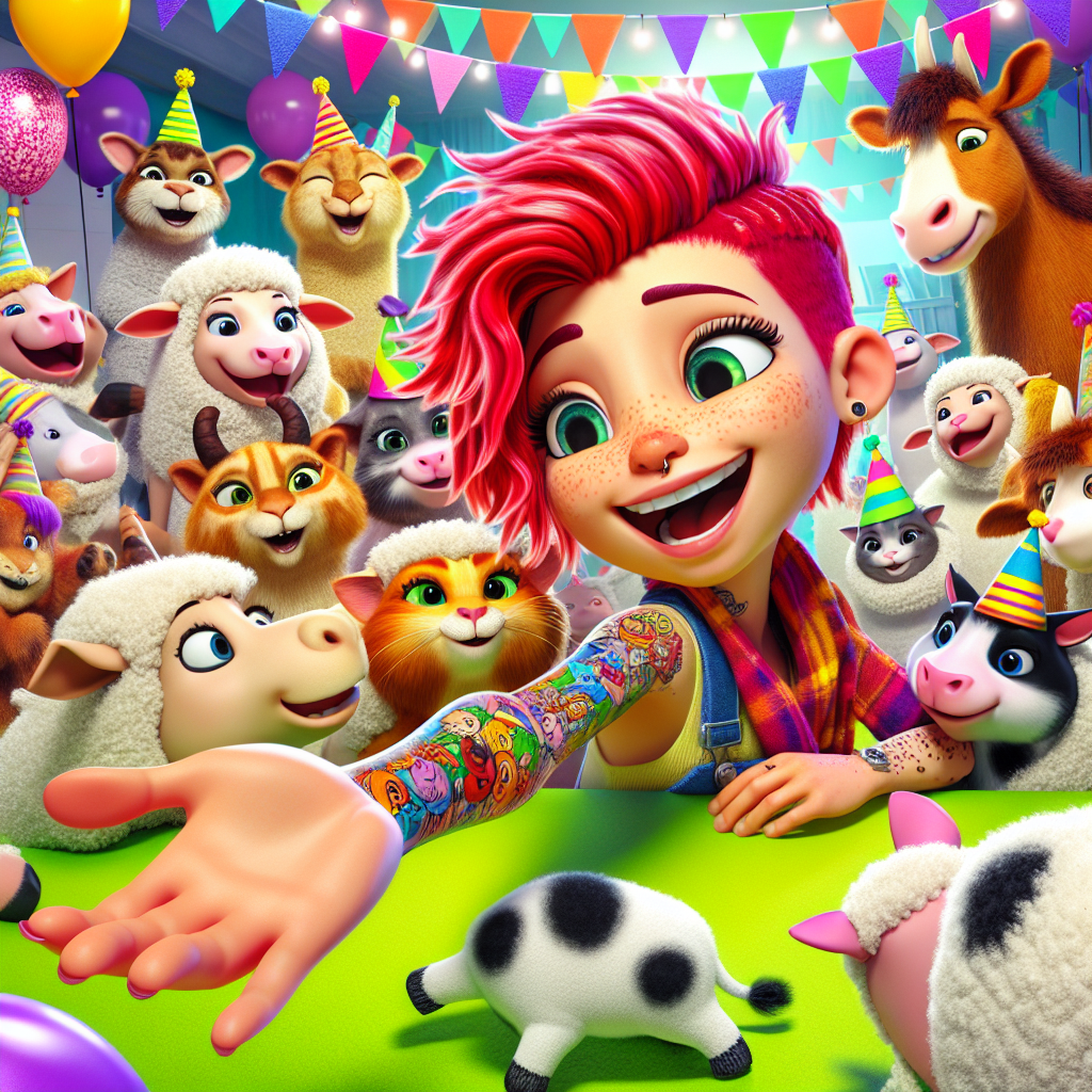 Create a vibrant and colorful animated birthday scene. The central figure is a cartoon character with bright red hair, giggling as she interacts with an array of lively animals. Her arm, adorned with inventive tattoos, reaches out towards a group of playful cats, Herdwick sheep, and cows, all of whom are sporting festive party hats. The scene is set against the backdrop of a buzzing celebration with festive decorations, and balloon animals shaped like farm animals, reinforcing the delightful farm-themed party atmosphere.
Generated with these themes: Ginger hair, Tattoos, Cats, Herdwick sheep, and Cows.
Made with ❤️ by AI.
