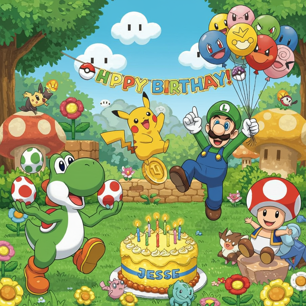 Imagine a vibrant, bustling birthday party scene that bursts with cartoonish charm and video game nostalgia. The setting is a whimsical, lush green garden filled with towering, colorful mushrooms and pixelated flowers, reminiscent of classic Nintendo landscapes. The sky is a clear, bright blue with fluffy white clouds shaped like familiar game icons floating lazily.
In the foreground, a large, round cake topped with sparking candles is the centerpiece. The cake is frosted in vivid yellows and greens, with small, edible Pokémon figurines like Pikachu and Bulbasaur cheerfully scattered around its tiers. On the side of the cake, in playful icing script, the name "Jesse" is prominently displayed.
To the left, Yoshi, with his exaggerated cartoon eyes and a broad, cheerful grin, is playfully juggling a trio of red and green spotted eggs. His scales are a vibrant, glossy green with an orange saddle on his back, contrasting sharply against the lush grass beneath his feet.
On the right, Luigi is in mid-jump, striking his iconic pose with his white-gloved hand raised in the air. He's dressed in his classic blue overalls and green cap, with exaggeratedly long legs that make his leap look especially dynamic.
Nearby, Toad is merrily holding a bunch of helium balloons, each one printed with a different Pokémon face, from Jigglypuff to Squirtle. His red-spotted mushroom cap is large and glossy, casting a charming shadow on the scene below.
Pikachu is playfully perched atop a floating coin, its cheeks sparking with tiny electric zaps. Its tail, shaped like a lightning bolt, is highlighted by a golden glow, adding a touch of magic to the scene.
In the background, a cheerful banner stretched between two trees reads "Happy Birthday!" in bold, blocky letters, with tiny Poké Balls as decorative flourishes. The overall color palette is a vivid blend of primary colors with splashes of pastel hues, capturing the lively and engaging essence of classic cartoon styles.
Generated with these themes: Nintendo, Pokémon, Yoshi, Toad, Luigi, Pikachu.
Made with ❤️ by AI.
