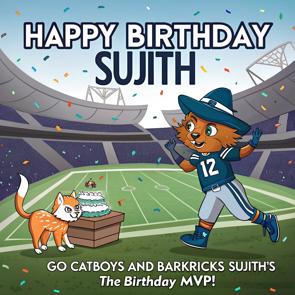 At the top of the Cartoon Style image, "Happy Birthday Sujith"

At the bottom of the image, "Go Catboys and Barkricks — Sujith's the birthday MVP!"

- Center scene: a split stadium where a vivid green football field morphs into a glossy hardwood basketball court, confetti raining in navy, silver, royal blue, and teal.
- An oversized, mischievous orange cat in Cowboys-inspired blue-and-silver gear (star patterns, no official logos) is in a dramatic QB pose, hiking a football-shaped birthday cake with lit candles; big gleaming eyes, whiskers curled, tail forming a question mark.
- A fluffy Shetland Sheepdog in Mavericks-inspired royal-blue-and-teal jersey (no official logos) rockets upward in a gravity-defying slam dunk, tongue out, ears perked, dunking a giant sprinkle donut through a hoop shaped like a tiny cowboy hat; cartoon speed lines and sparkles trail behind.
- Fun props: the cat wears a giant foam finger with star motifs; the dog’s sneakers squeak with comic “boing” motion arcs.
- Background: simple, cheering crowd blobs waving pennants with stars and horse silhouettes; spotlights sweep across, starbursts emphasize the action.
- Style: playful cartoon characters with exaggerated proportions, thick black outlines, bright saturated colors, and whimsical, energetic poses. Keep the headline and punch-line large and bold so they steal the show.
Generated with these themes: Dallas Cowboys, Dallas Mavericks, Orange Cat, Shetland Dog, and .
Made with ❤️ by AI.