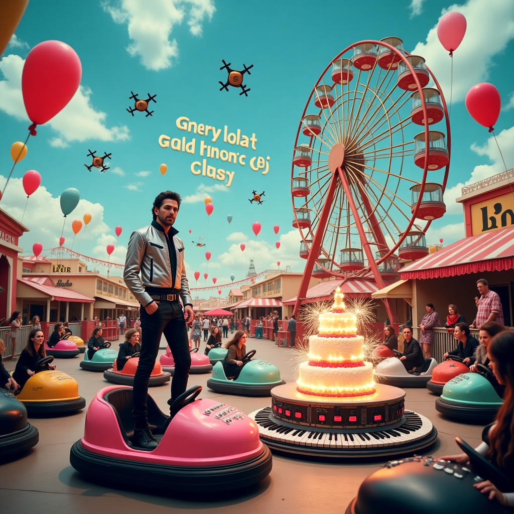 In a whimsical, bustling music-themed amusement park, a lively scene unfolds where Gary Numan, clad in his iconic futuristic attire complete with a synth-wave-inspired silver jacket, stands atop a neon-colored bumper car. Around him, other bumper cars whiz about, each resembling various musical instruments: a synthesizer, a guitar, and a drum set, adding to the theme. Behind him, a towering Ferris wheel made entirely of vintage vinyl records spins slowly, with each cart labeled after a hit song from the '80s. Above this vibrant chaos, a bright blue sky is punctuated by fluffy white clouds, and in the sky, the words "Lynda 60 Today" are playfully spelled out with a trail of tiny drones that resemble musical notes. Alongside this aerial display, a group of cheerful clowns in full glam-rock makeup toss balloons shaped like synthesizers to delighted park-goers below. At the forefront, a giant, multi-tiered cake shaped like a synthesizer keyboard is perched on a table with sparklers spelling out "Happy Birthday Lynda!" capturing attention as its glowing lights echo the synth wave vibe. The scene is bustling with joyous energy, perfectly combining the world of Gary Numan and a milestone birthday celebration.
Generated with these themes: gary numan singer.
Made with ❤️ by AI.