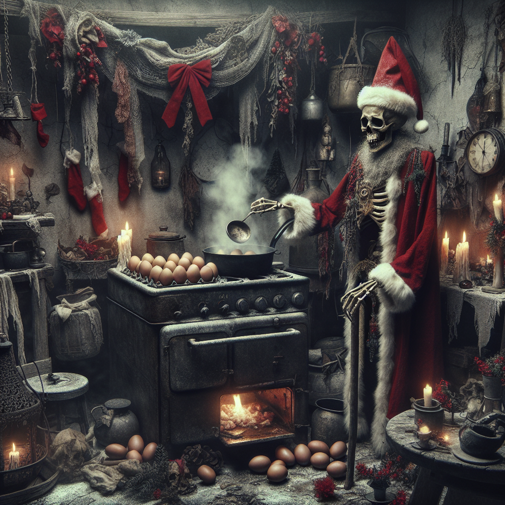 Drawing of a gloomy Christmas setting where Death, in Santa's attire, is seen boiling eggs on a stove, surrounded by misery-themed decorations.
Generated with these interests: Death, Misery, and Boiled Eggs.
Made with ❤️ by AI.