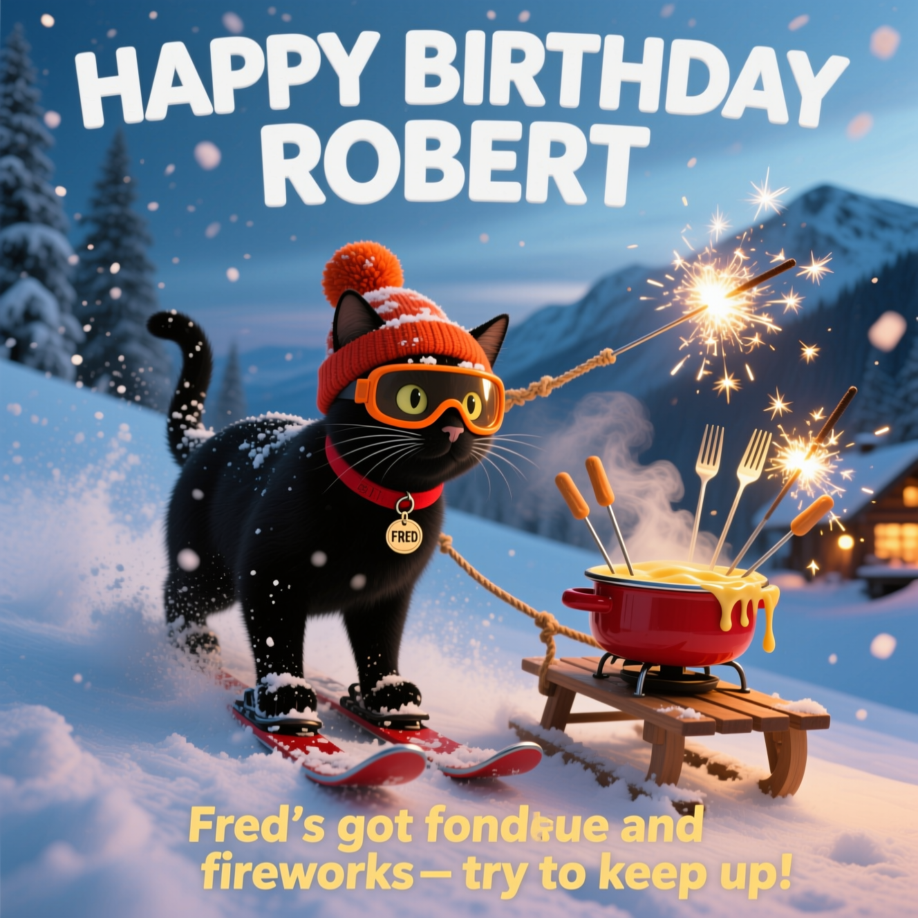 At the top of the Photorealistic picture taken from a camera image, "HAPPY BIRTHDAY ROBERT"

Add at the bottom of the image, "Fred’s got fondue and fireworks—try to keep up!"

Design notes for text: Make the headline large, frost-white, bold, uppercase with a soft drop shadow against a dusky sky; set the punchline in warm golden-yellow to echo the sparkler glow.

Scene to photograph: Ultra-high-definition 4K UHD, realistic, funny action shot on a snowy alpine slope at blue hour. It’s actively snowing—crisp, detailed flakes suspended midair. In the foreground, a sleek black cat named Fred (red collar with a shiny tag engraved “FRED”) bombs downhill on tiny skis, low angle tracking shot capturing snow spraying off the edges. He wears cute orange ski goggles and a tiny pom‑pom beanie; his whiskers are dusted with snow, eyes bright with mischief. Tethered behind Fred on a short rope is a small wooden sled carrying a classic red enamel fondue set: the pot is bubbling and steaming, with silky strands of molten cheese stretching and catching the light. Several fondue forks stick out of the pot—each fork tip has a lit sparkler fizzing bright golden sparks, plus one extra sparkler clipped to Fred’s beanie for extra flair. The warm sparkler light glows on Fred’s black fur and the steam, contrasting beautifully with the cool blue snow and twilight. In the soft-focus background: snow-laden pines and a hint of cozy chalet lights. Accurate lighting, lifelike textures, rich depth of field; lens around 35–50mm, f/2.8–f/4 to isolate Fred and the sled while keeping the snowy scene readable; fast shutter to freeze the snow spray and sparks. No additional text besides the headline and punchline.
Generated with these themes: BLACK CAT SKIING, BLACK CAT CALLED FRED, FONDUE SET, SNOWING, SPARKLERS, and .
Made with ❤️ by AI.
