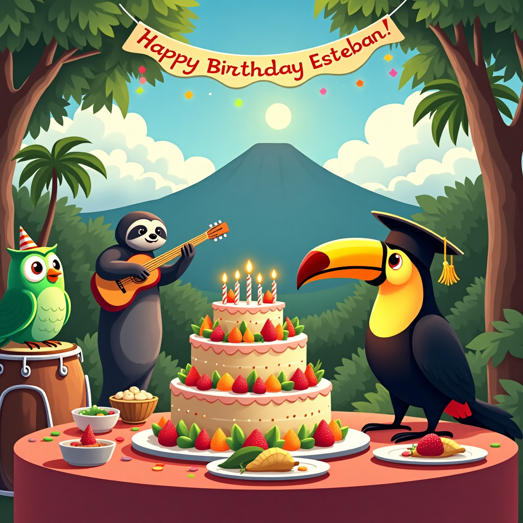 Picture a bustling outdoor café scene in the vibrant heart of San José, Costa Rica. The foreground is dominated by a large table covered in colorful tropical fruits, traditional Costa Rican snacks, and a towering birthday cake with bright candles spelling out "Happy Birthday Esteban!" in bold icing letters. At the table, a cheerful toucan wearing a tiny graduation cap — symbolic of Esteban’s PhD — perches proudly, pecking at a slice of cake. To the left, a green owl resembling the Duolingo mascot sits on a bongo drum, its wings spread wide as if it's ready to join in on the rhythmic festivities. Behind the table, a mariachi band of whimsical sloths plays lively tunes on guitars and maracas, their slow movements contrasting with the upbeat music. The background is filled with lush greenery and the majestic silhouette of Arenal Volcano. High in the sky, fluffy clouds form Esteban's name, framed by a bright, cheerful sun that casts warm, inviting light over the scene. A festive banner with vibrant streamers hangs from palm trees in the background, completing the lively, culturally rich celebration.
Generated with these themes: Costa Rica , Phd, Duolingo, and Music .
Made with ❤️ by AI.