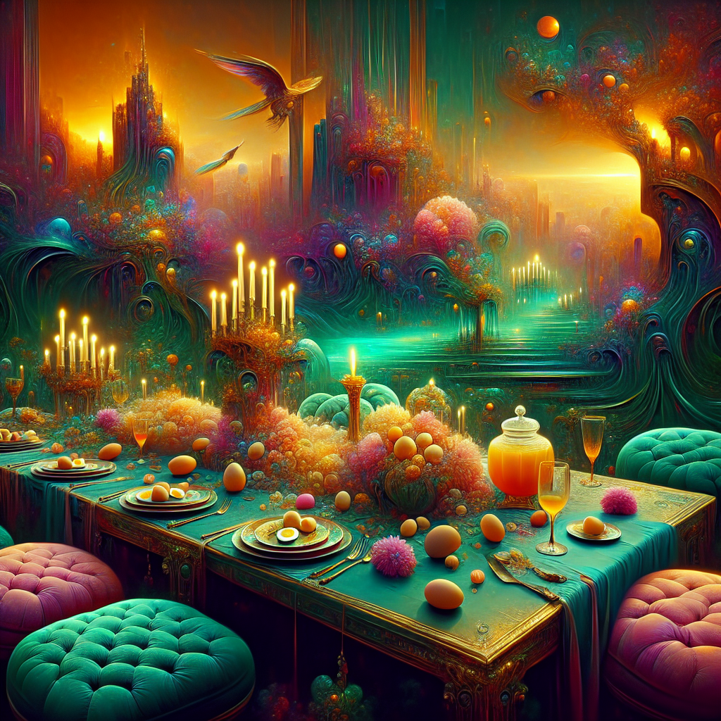 Deep in the colorful haze of twilight, the atmosphere radiates a peculiar blend of heightened realism and dreamlike enchantment. It is as though we've walked into a scene from a fantasy-drama series, signifying your own incredible odyssey. A table, swathed in emerald hues, stands at the heart of the gathering, presenting a feast of honey-adorned delights and a selection of eggs cooked to perfection. Amid the joyous congratulations, there's a subtle undercurrent of melancholic tunes, a tribute to the hurdles crossed and the rich contrast they offer to the sweetness of triumph.
Generated with these themes: twilight movie, honey, eggs, green, sad songs.
Made with ❤️ by AI.