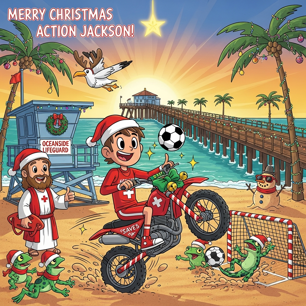 14 year old boy loves soccer, dirt bike riding, lifeguarding on California beach at Oceanside CA , 14 year old girls, Jesus, and amphibians. , and Christmas Card